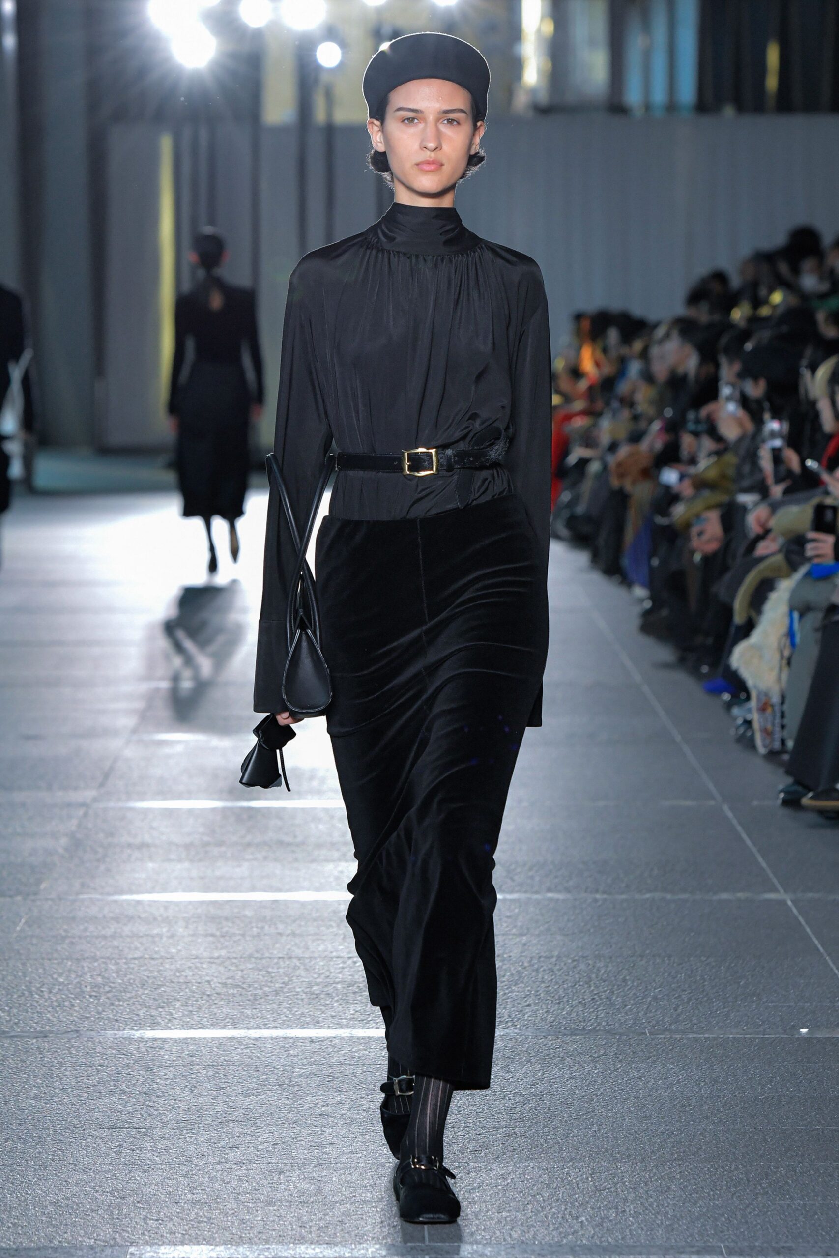 black pleated midi dress with accessories