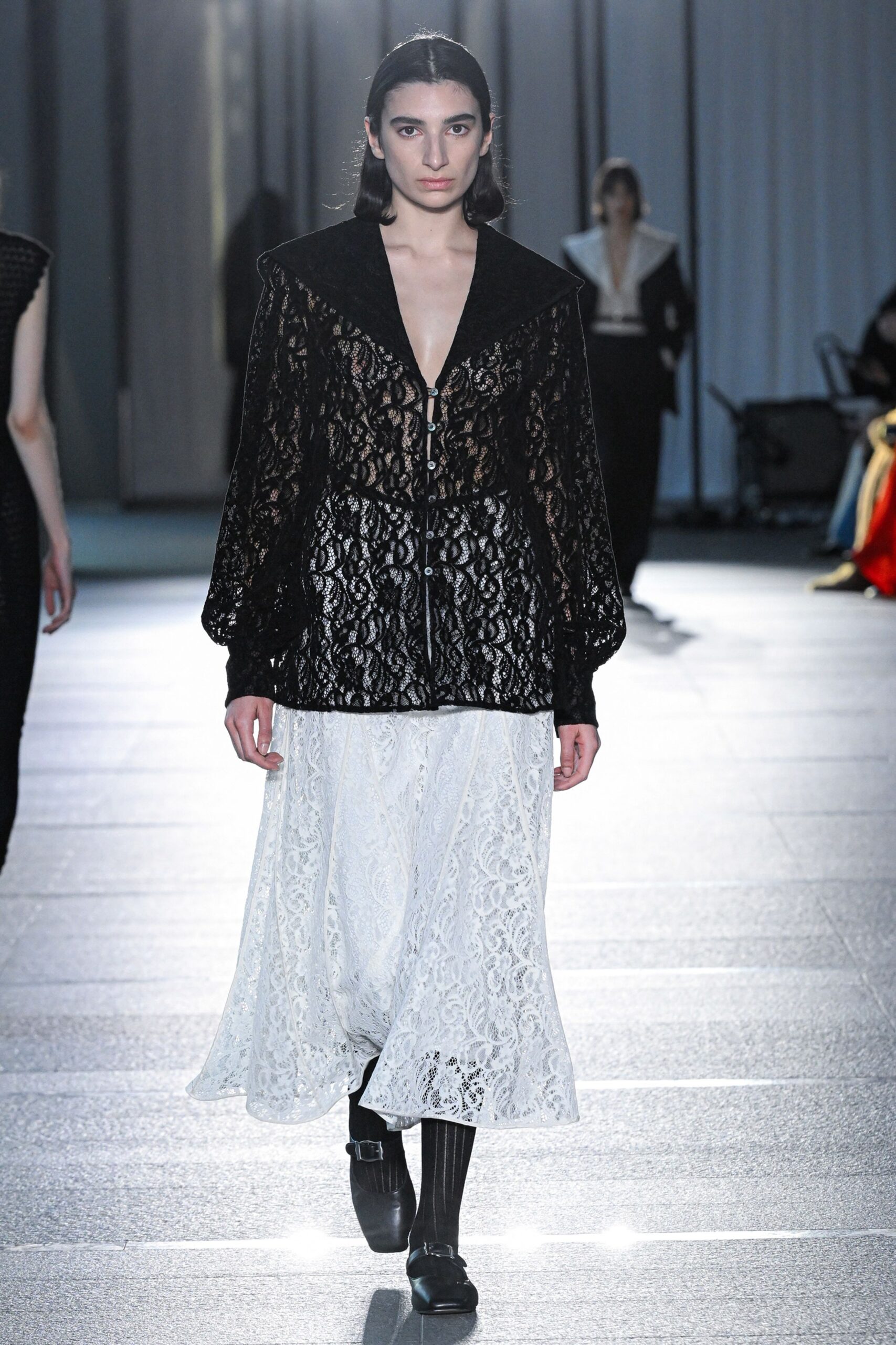 black lace long-sleeve collared relaxed buttoned sheer blouse