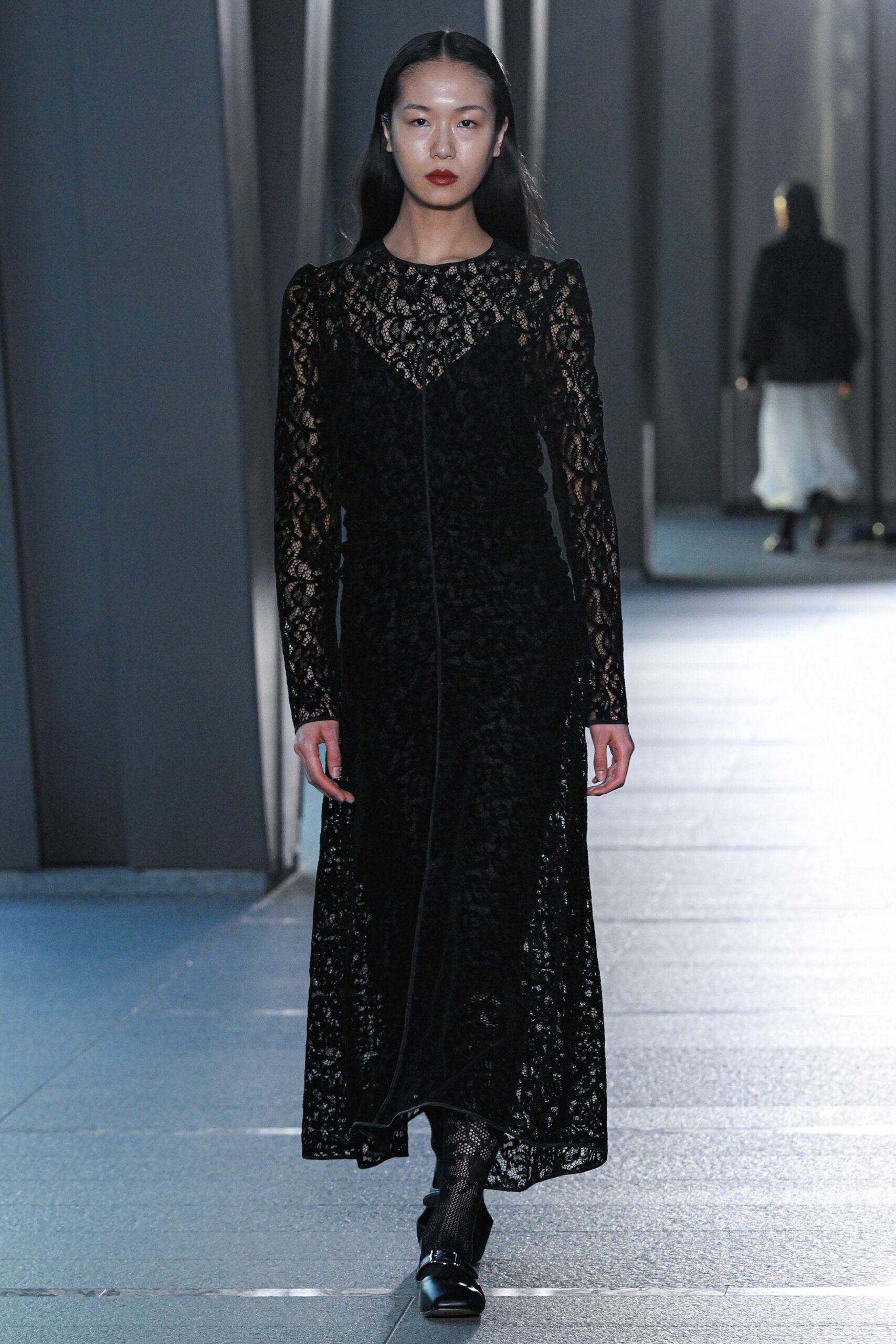 black lace midi dress with long sleeves