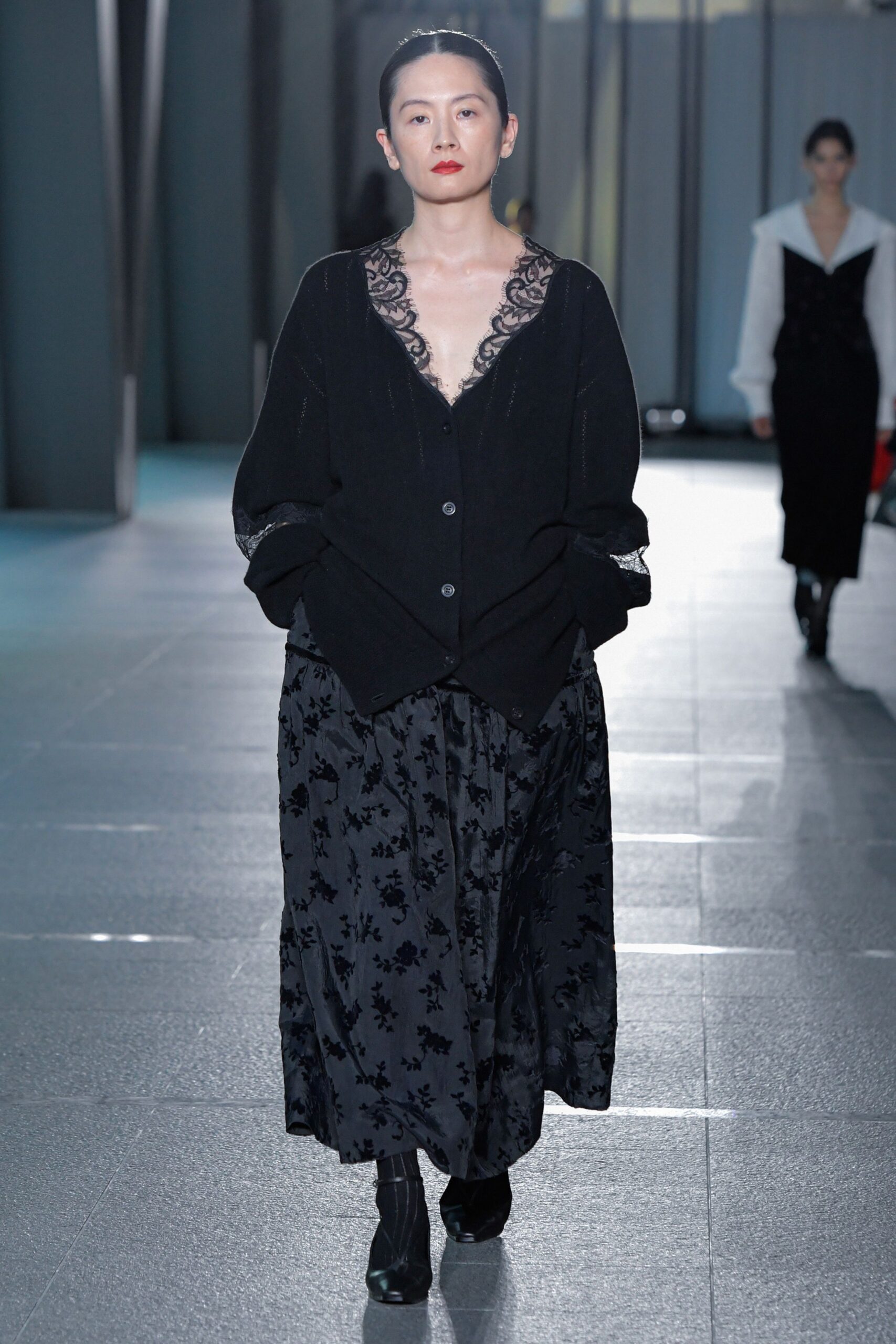 black wool long-sleeve v-neck oversized buttoned cardigan