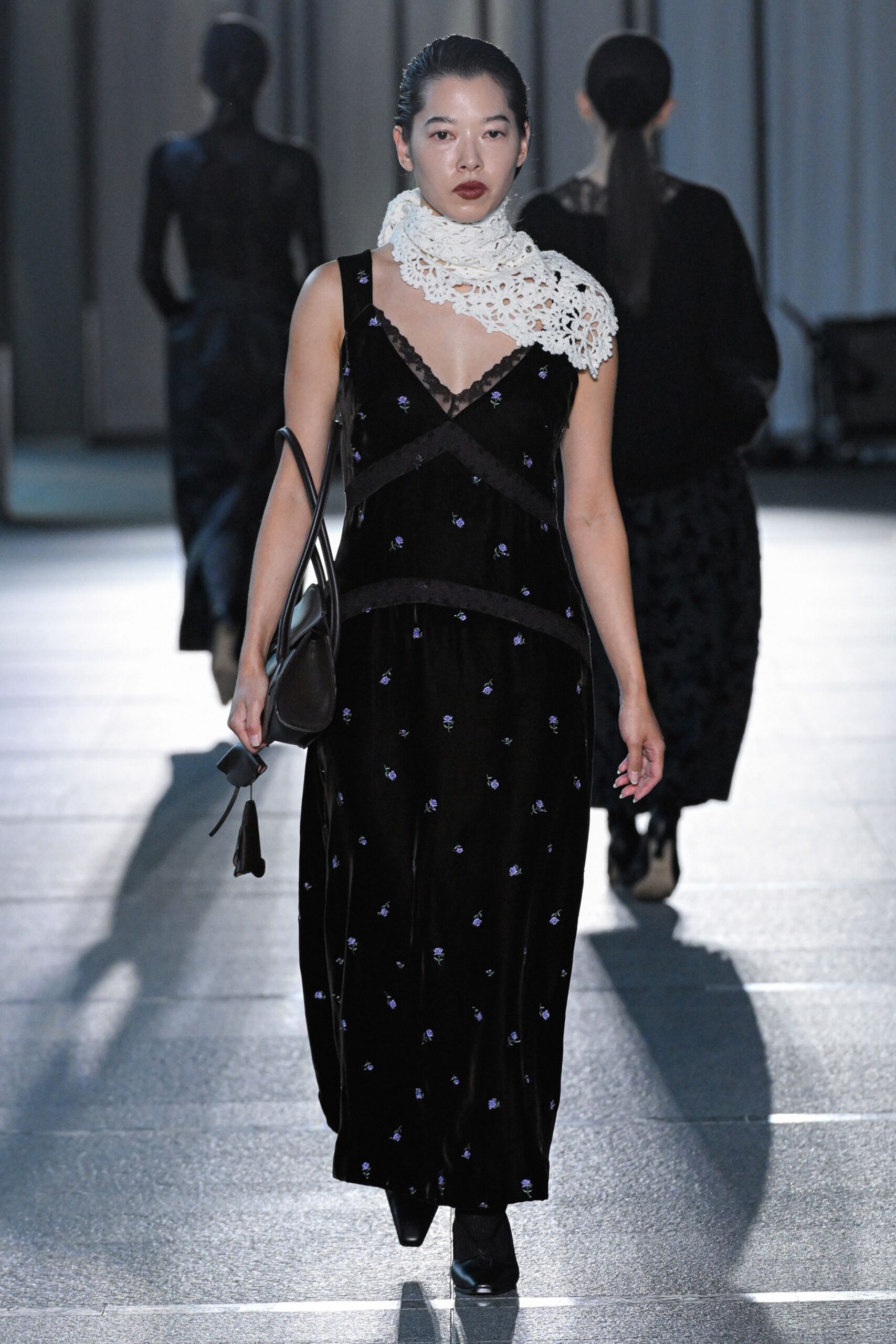 black velvet maxi dress with crochet scarf