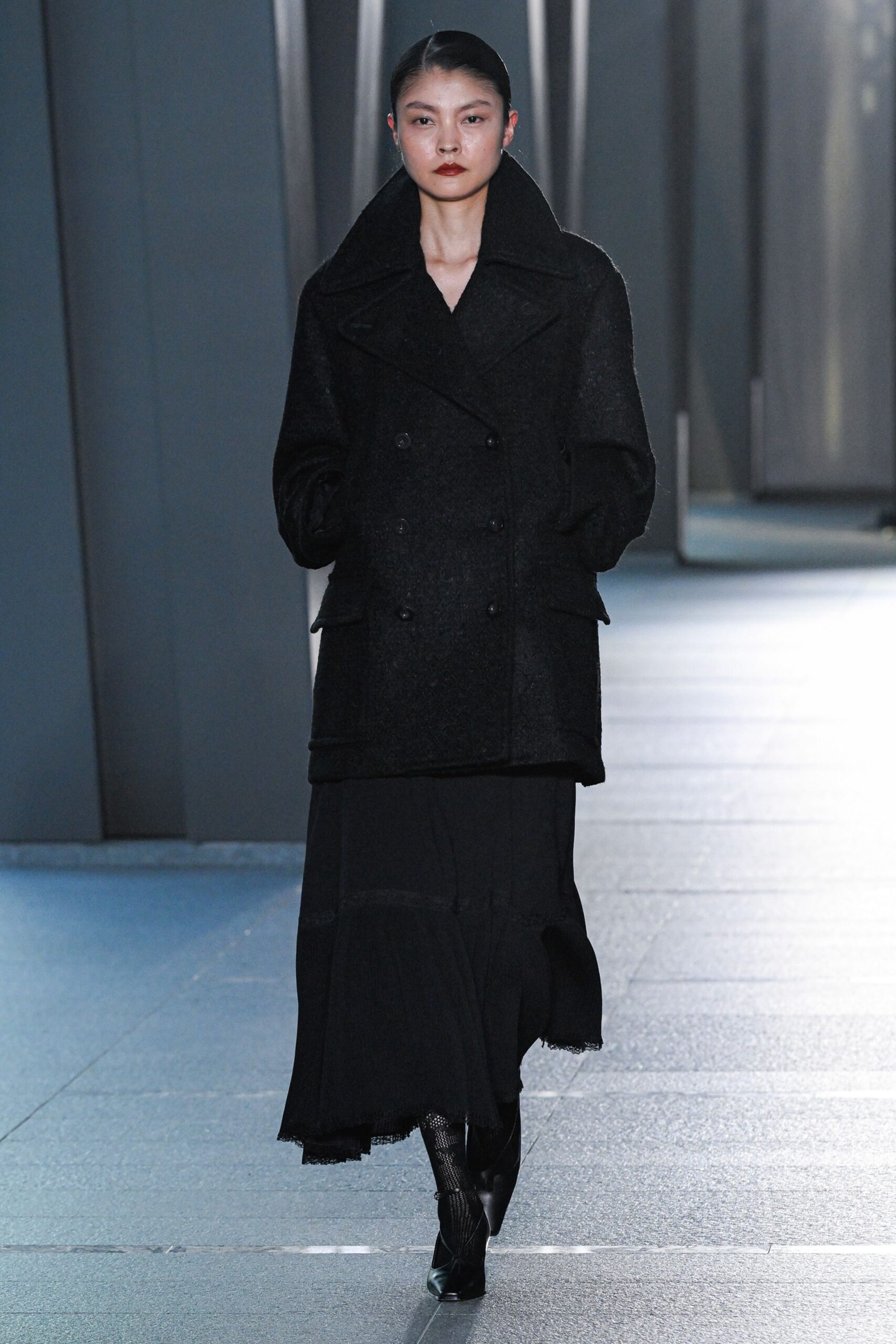 black wool long-sleeve double-breasted oversized buttoned coat