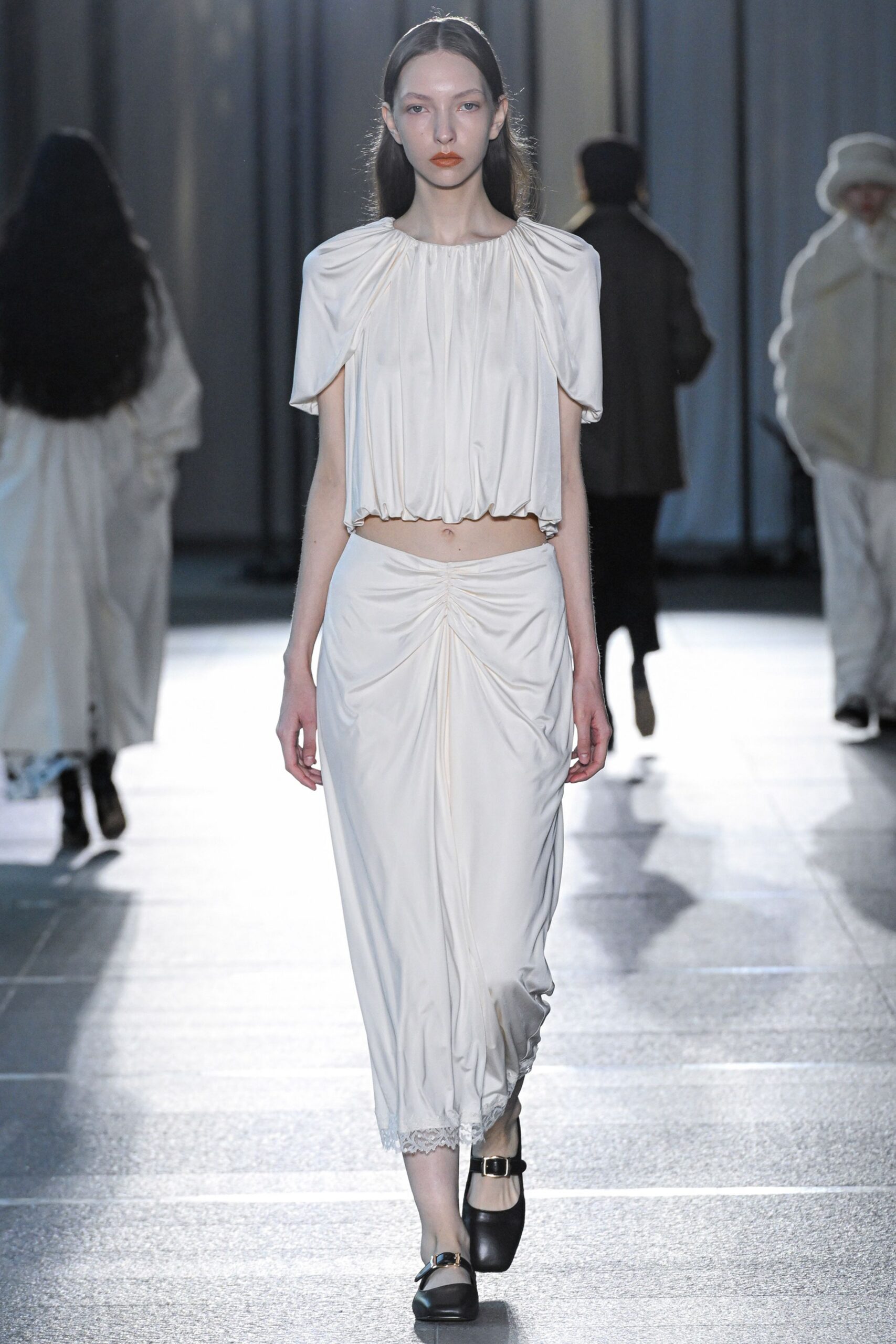 white silk fitted ruched midi skirt