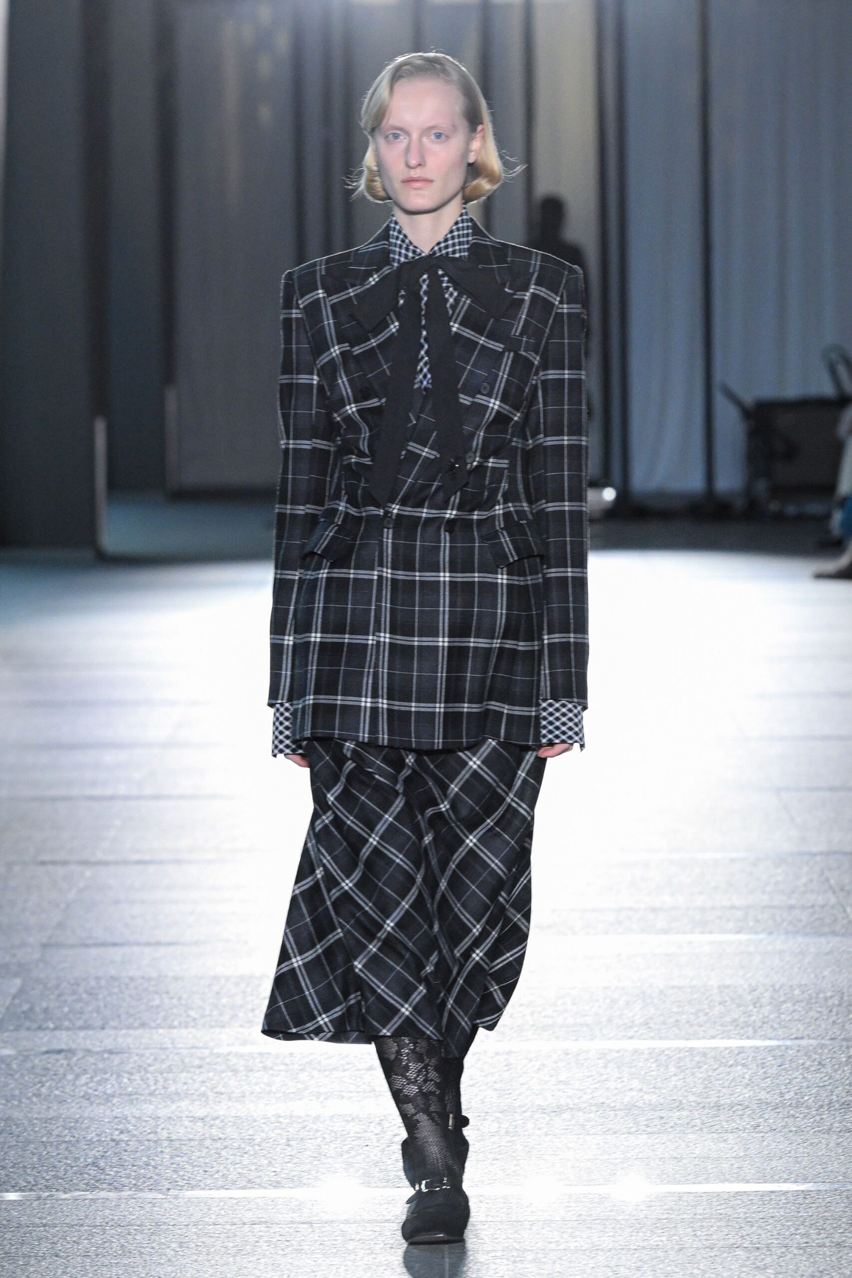 checked blazer and skirt outfit