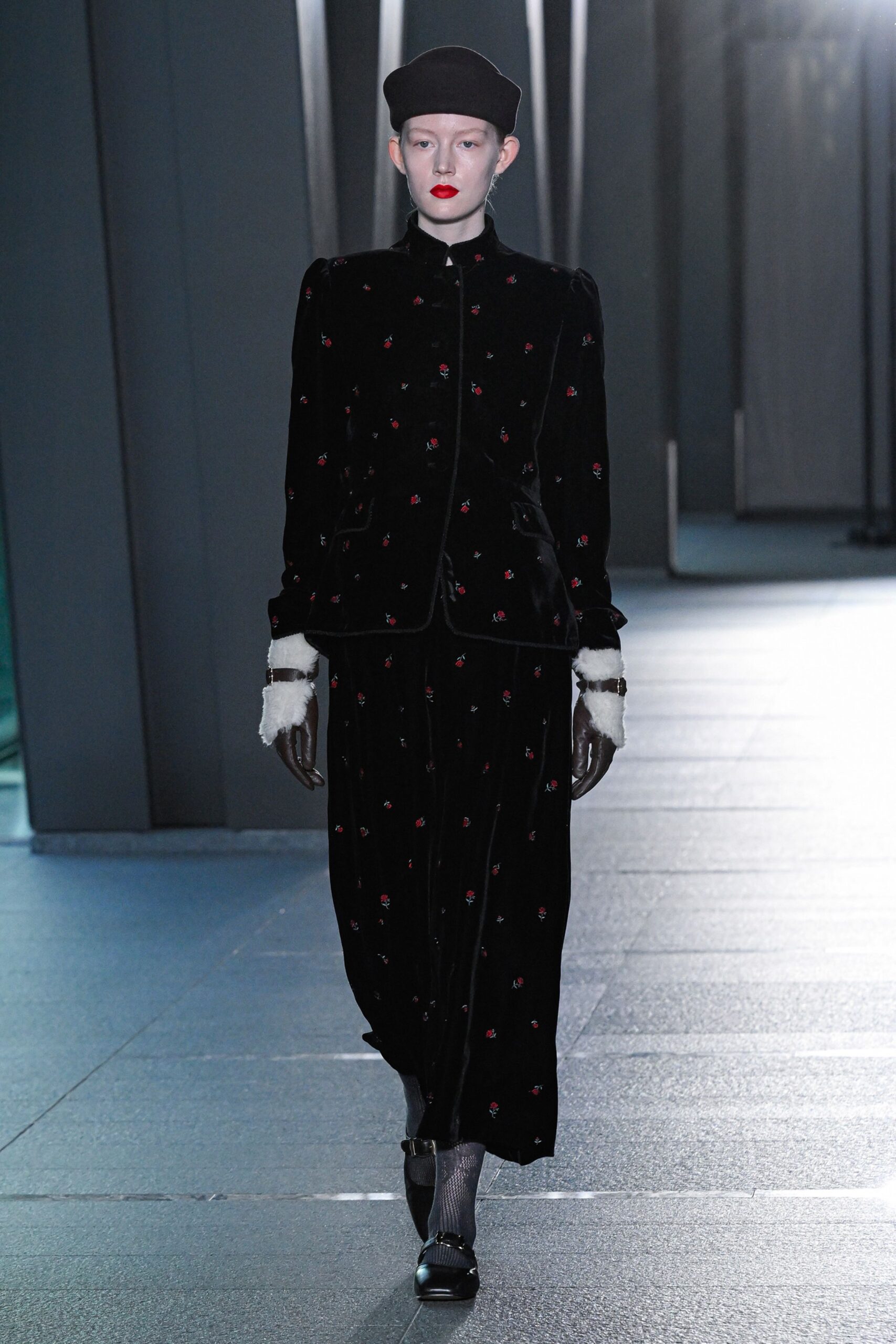 black velvet embroidered midi dress