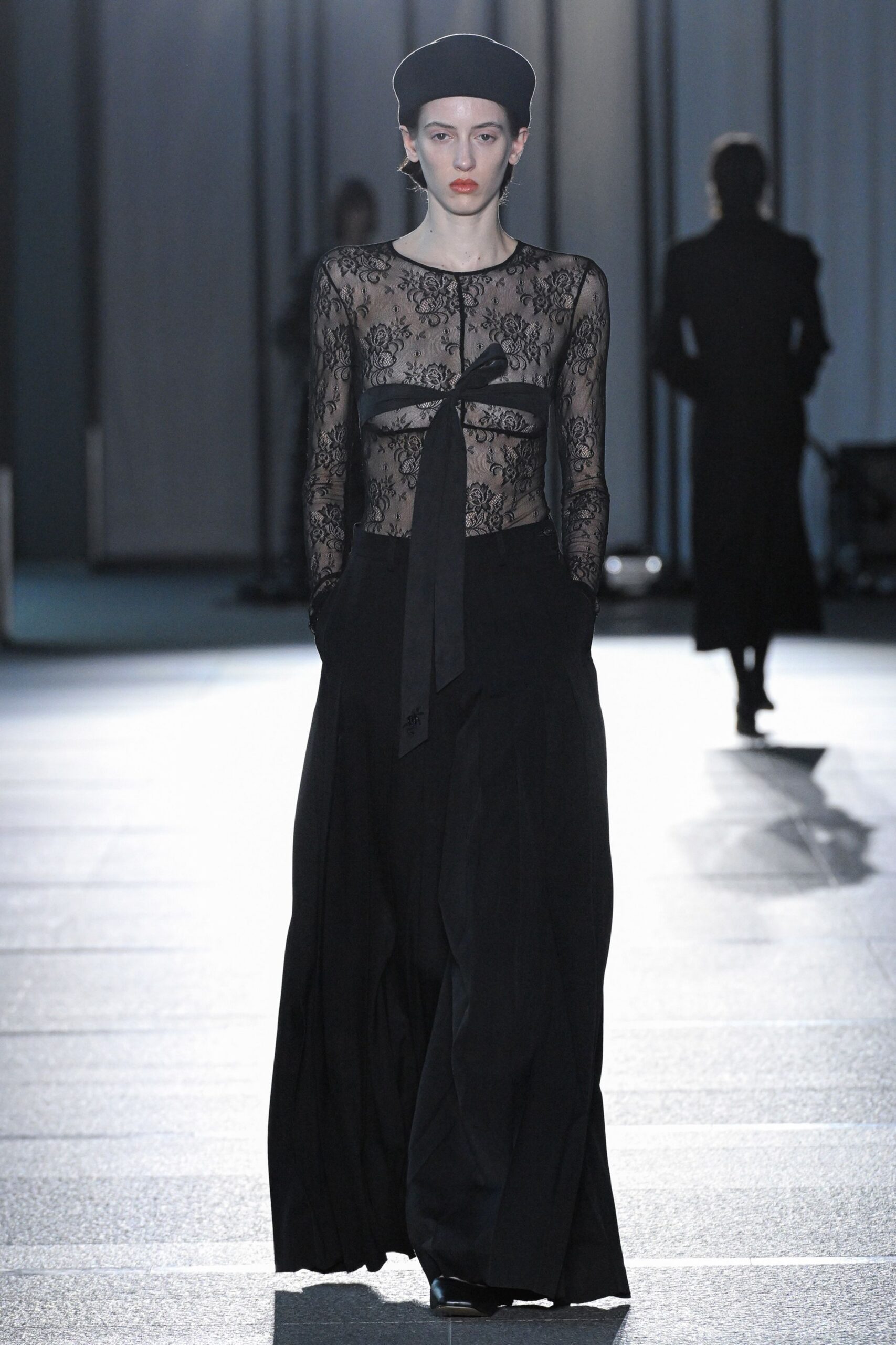 black lace gown with flowing skirt