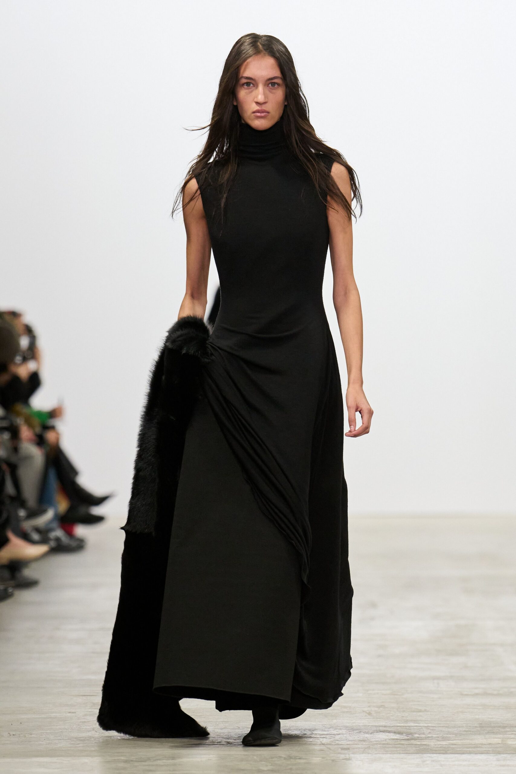 black wool sleeveless high-neck fitted draped maxi gown