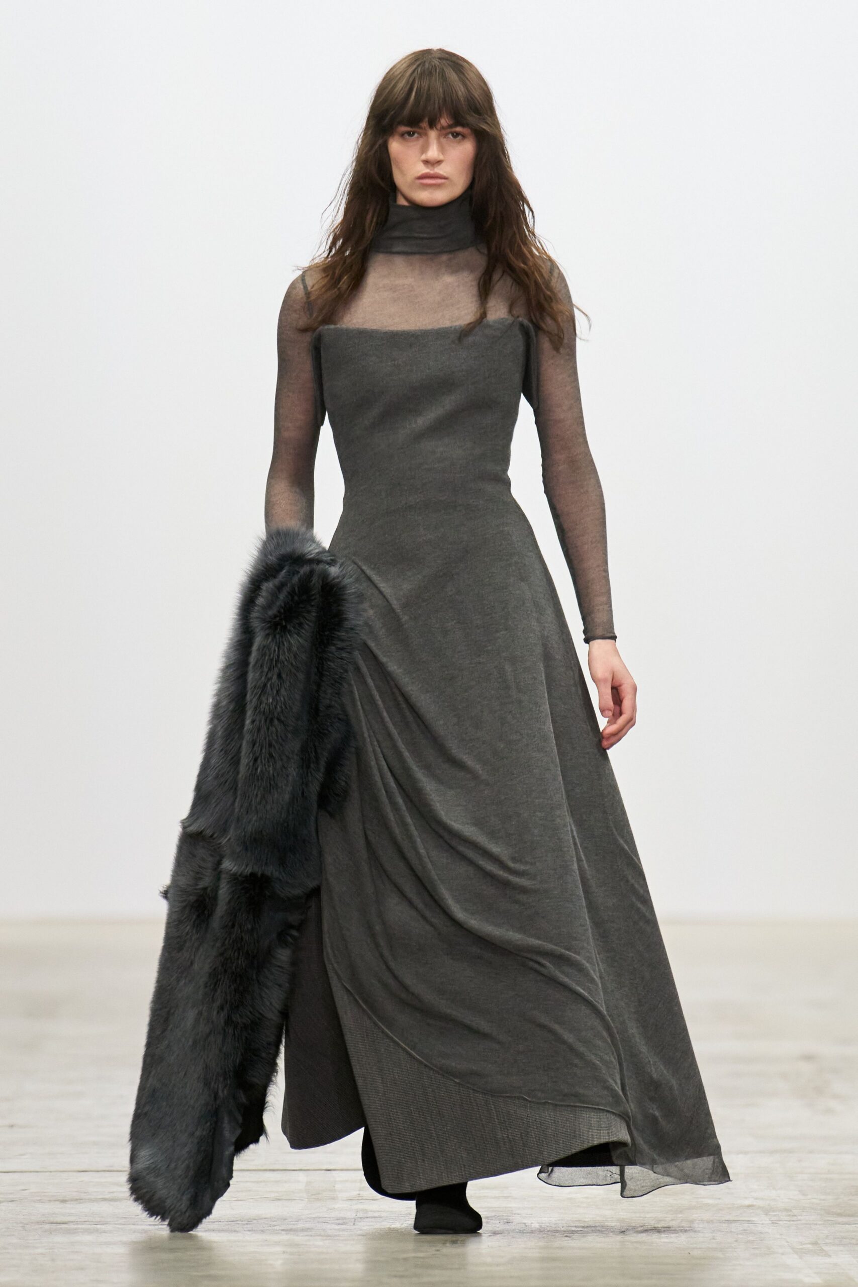 gray silk long-sleeve high-neck fitted draped flowing gown