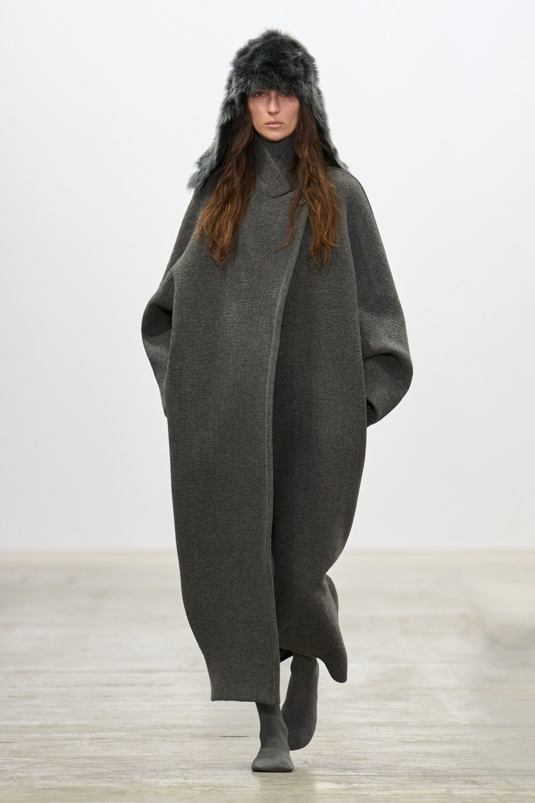gray wool long-sleeve high-neck oversized maxi coat