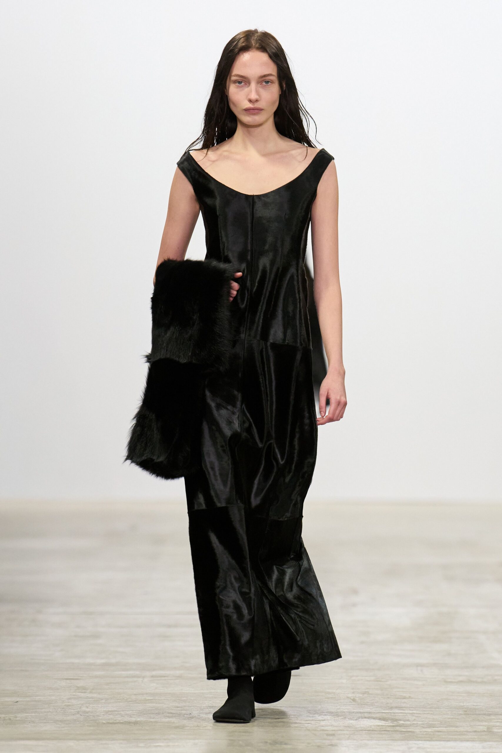 black silk maxi dress with faux-fur coat