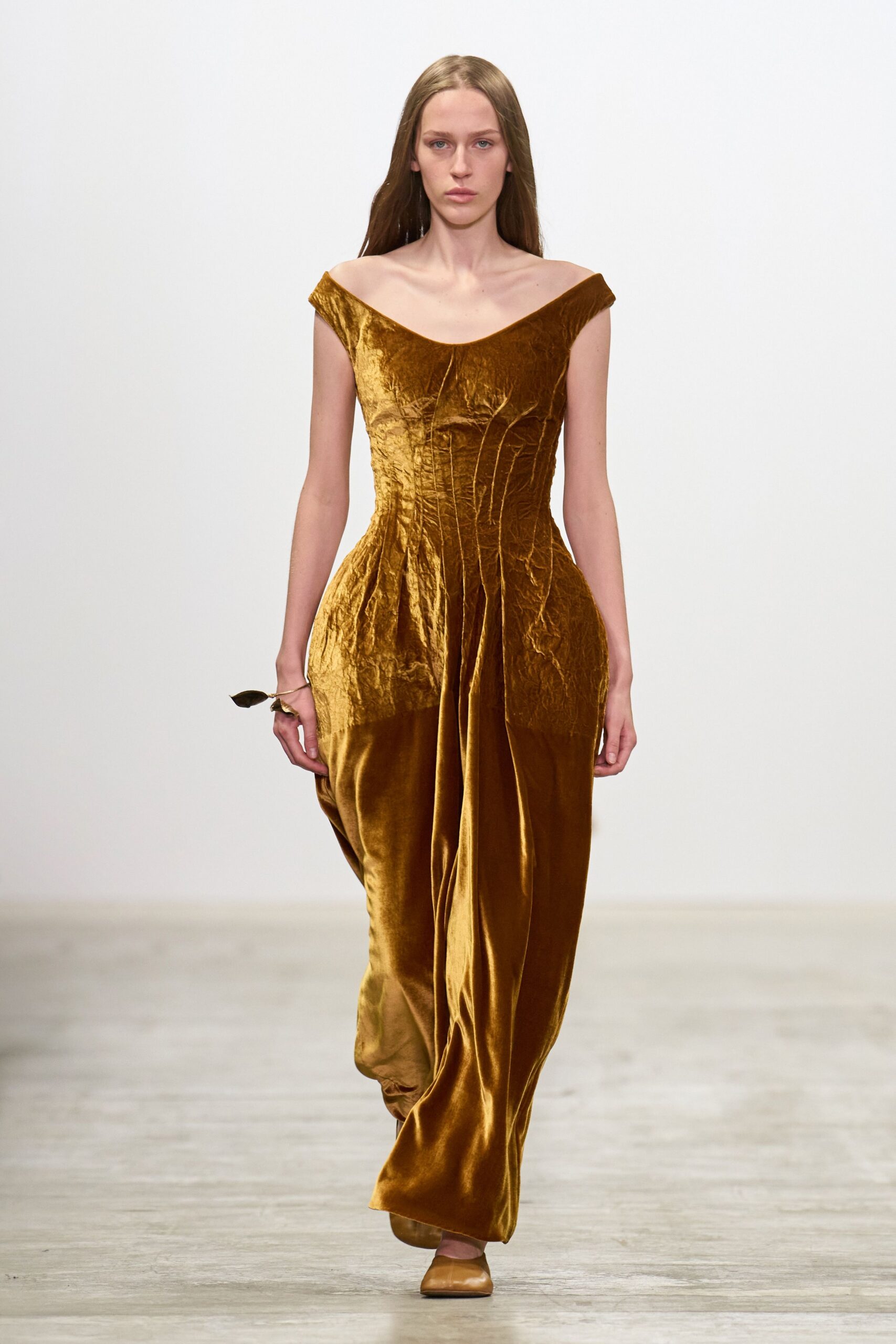 gold velvet sleeveless off-shoulder fitted ruched shiny gown