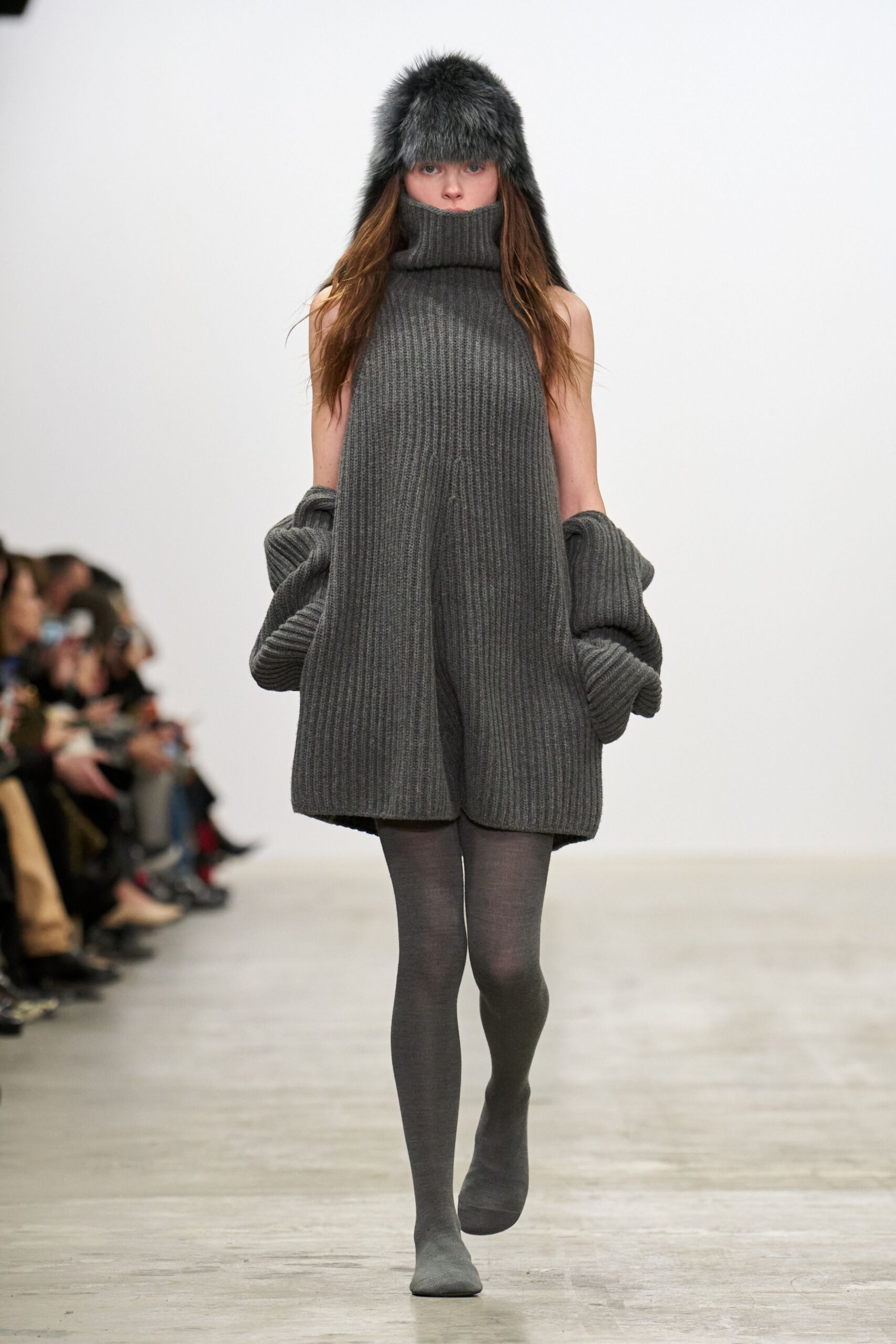 gray wool sleeveless high-neck relaxed ribbed mini dress
