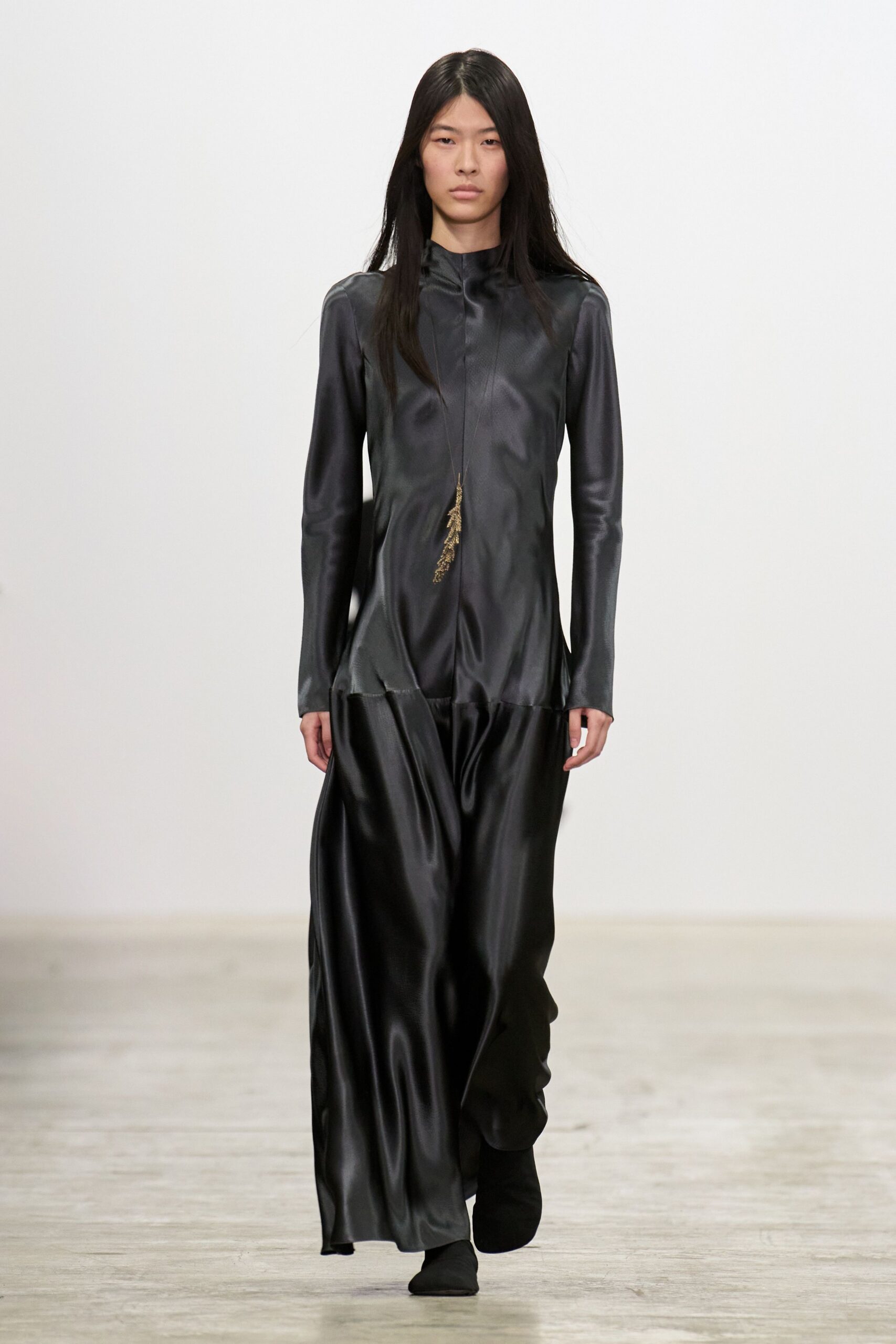 black silk long-sleeve high-neck fitted draped shiny gown