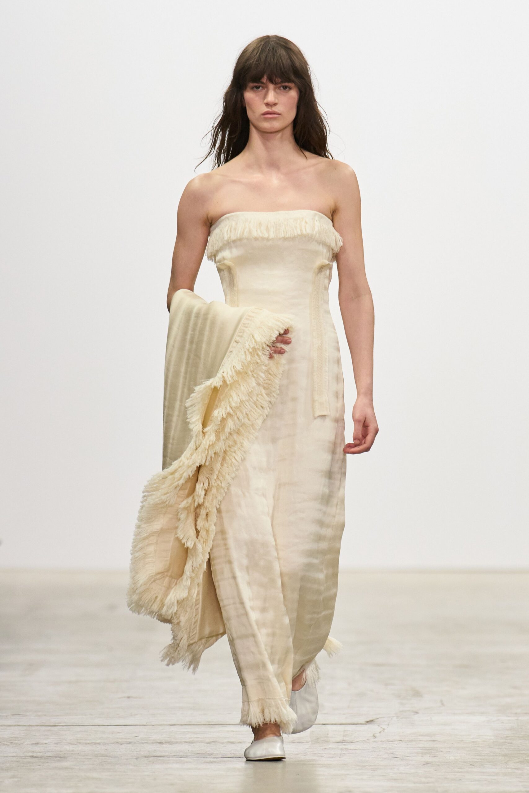 ivory silk strapless fitted fringed maxi gown