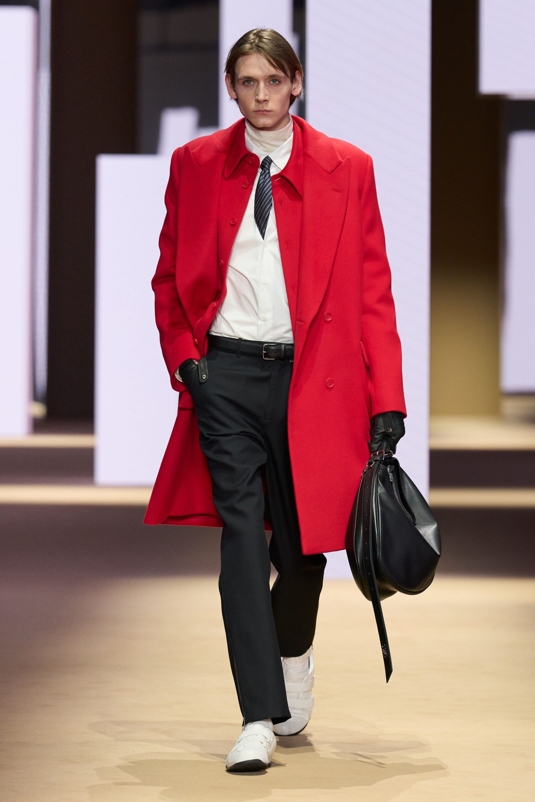 red wool long-sleeve collared structured coat
