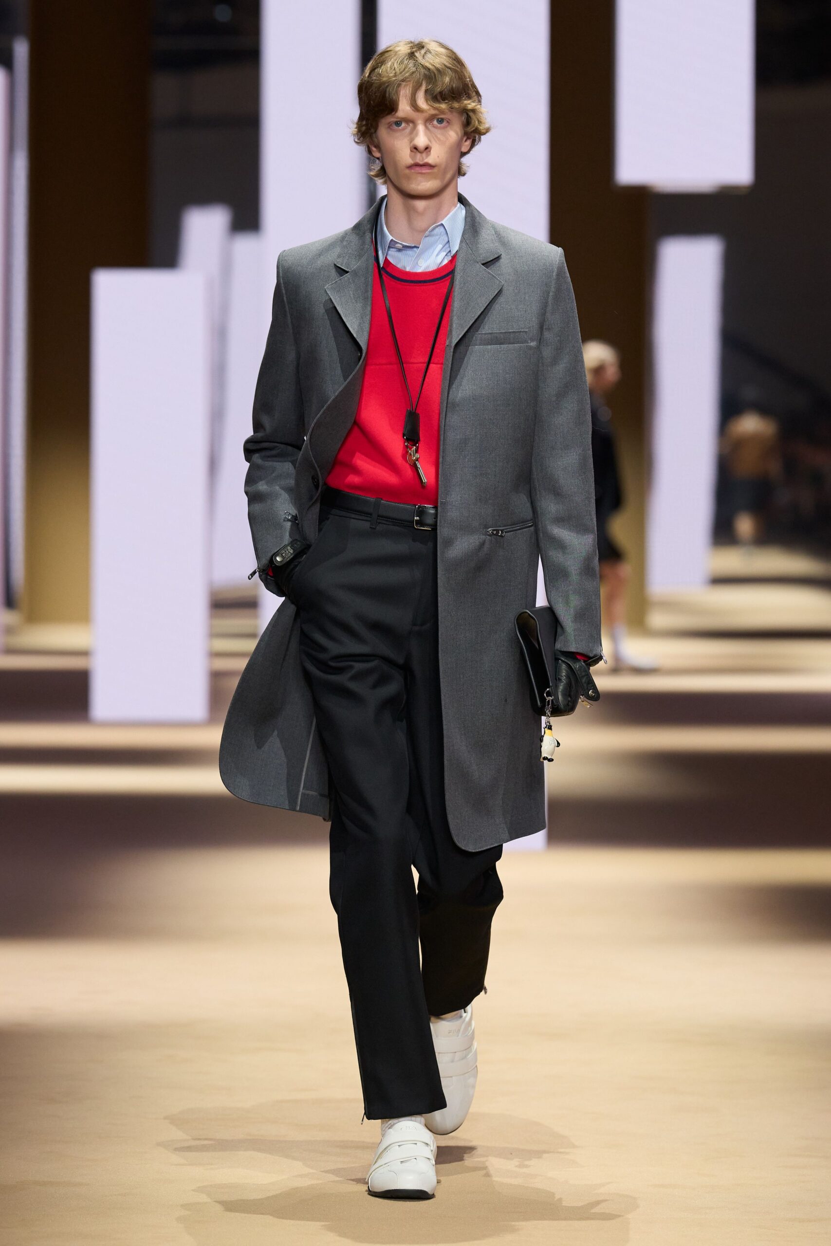 gray wool long-sleeve collared structured buttoned coat