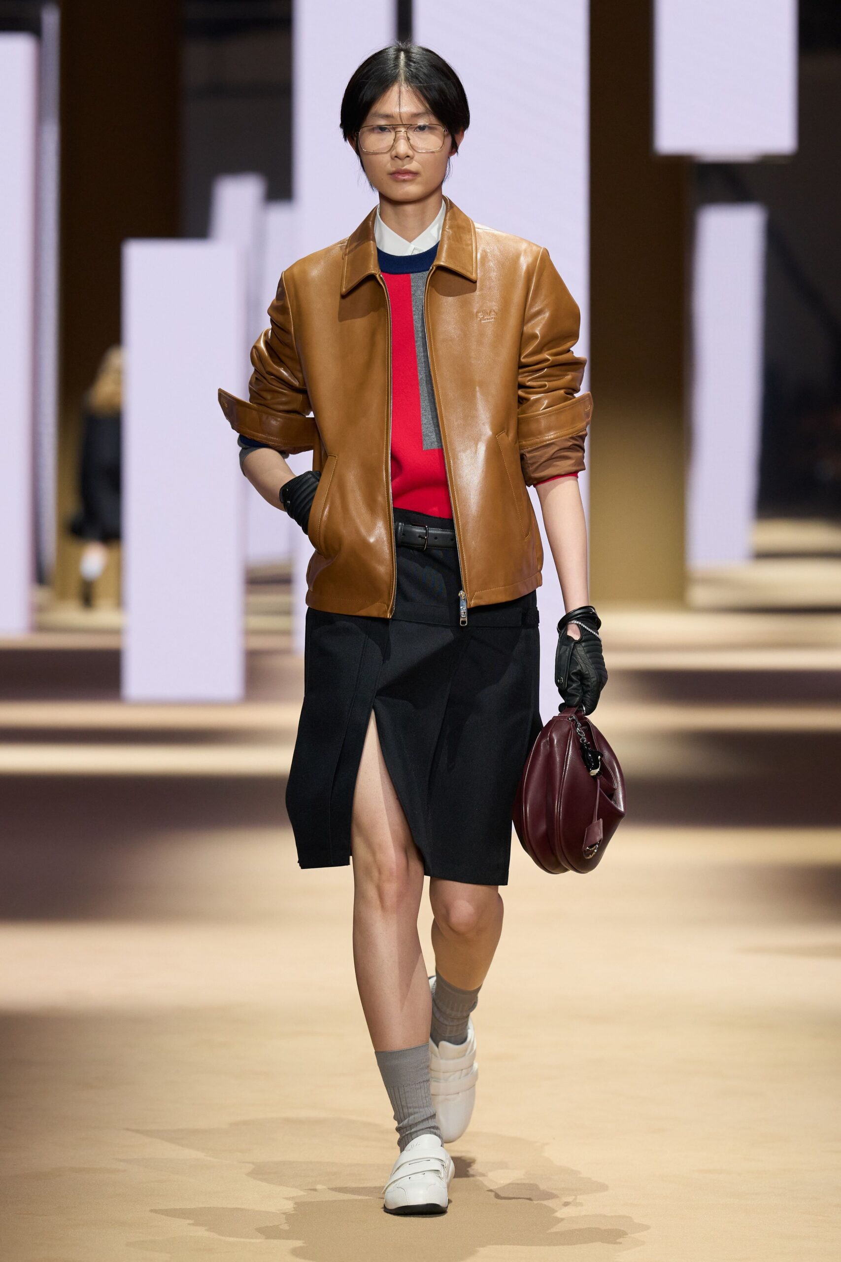 brown leather jacket with red top