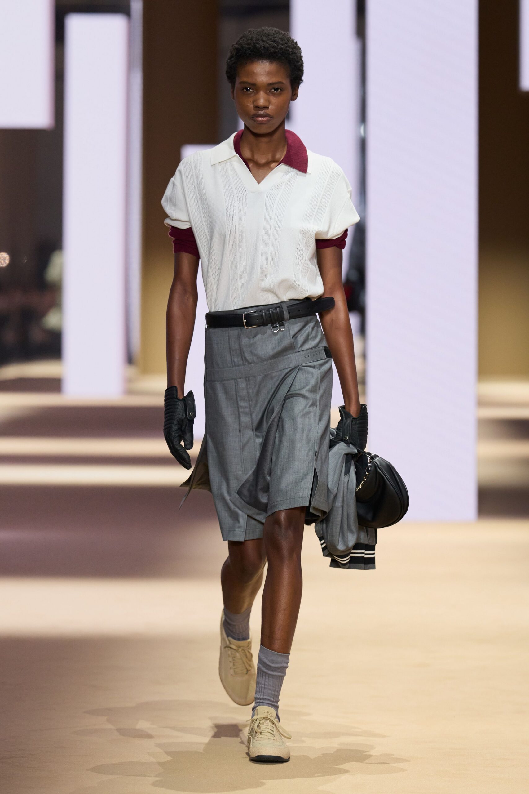 white red collared top gray pleated skirt