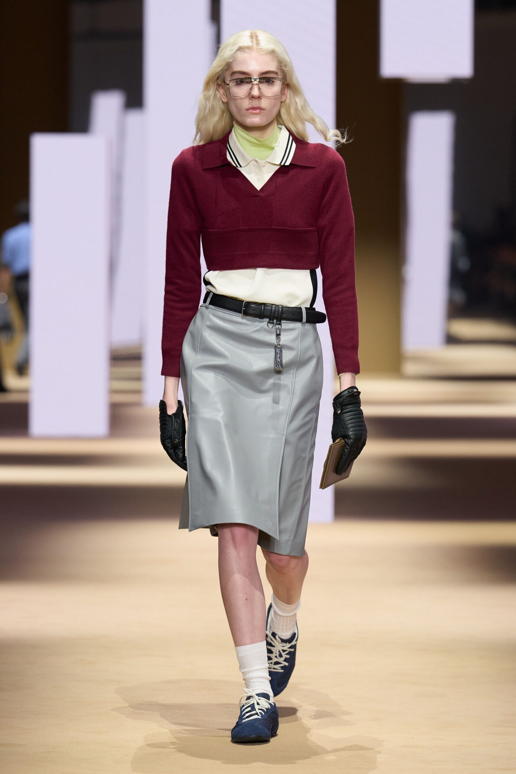 red fitted sweater with gray pencil skirt