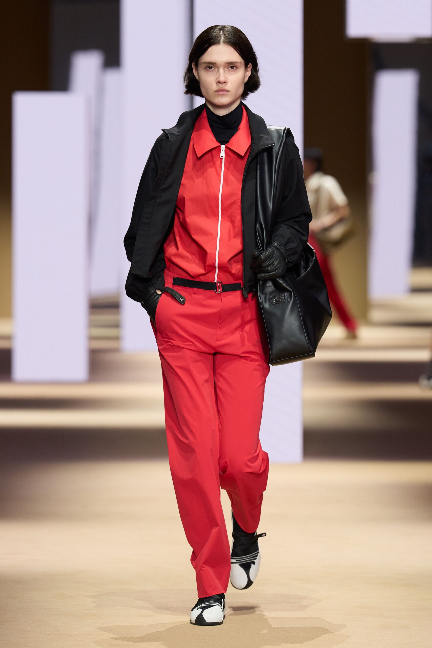 black jacket red shirt pants
