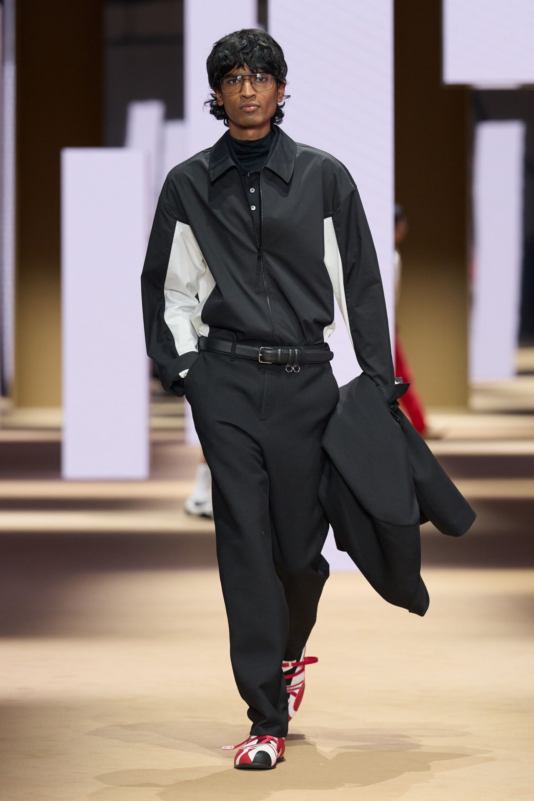 black and white color-blocked shirt with tailored pants