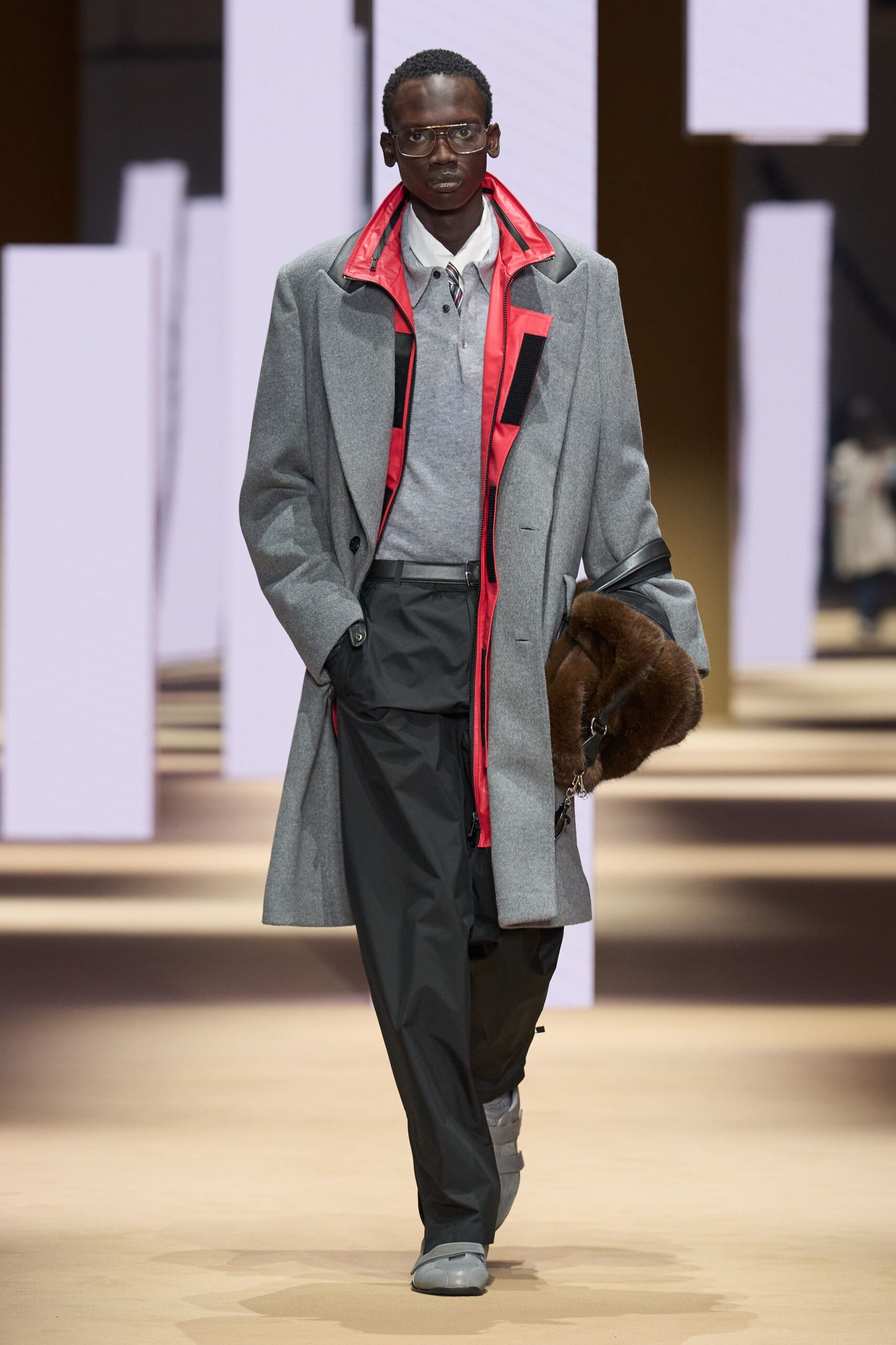 gray wool long-sleeve collared structured buttoned coat