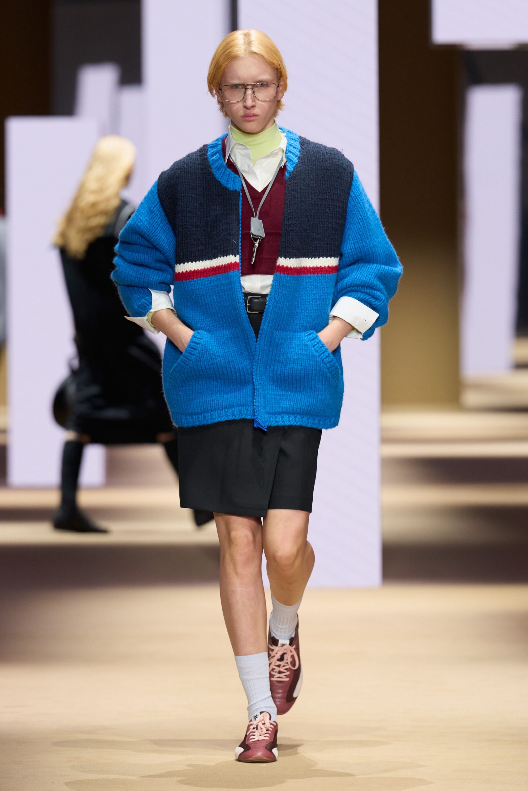blue wool long-sleeve collared relaxed layered pockets cardigan