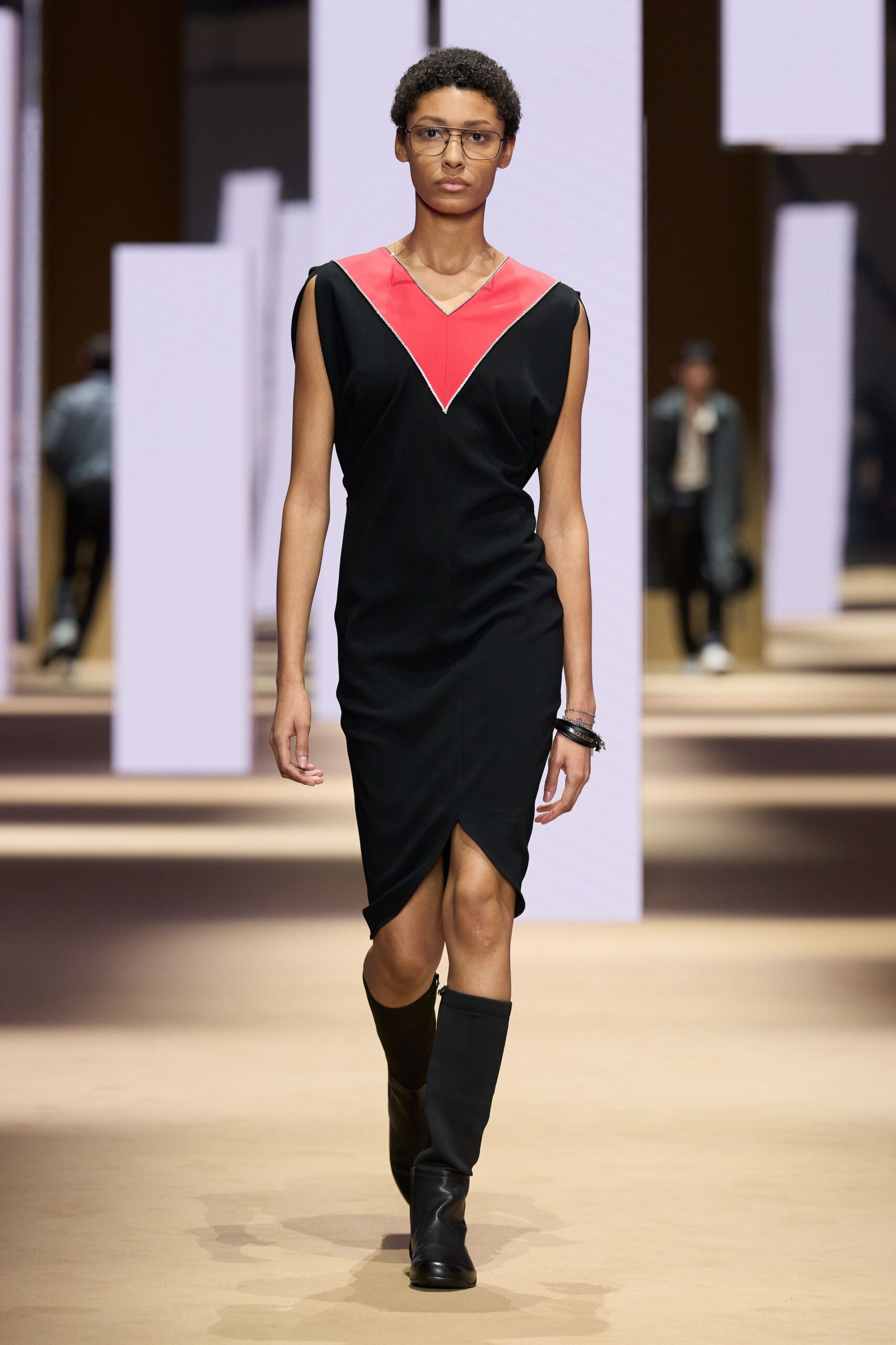 black and red fitted dress with boots