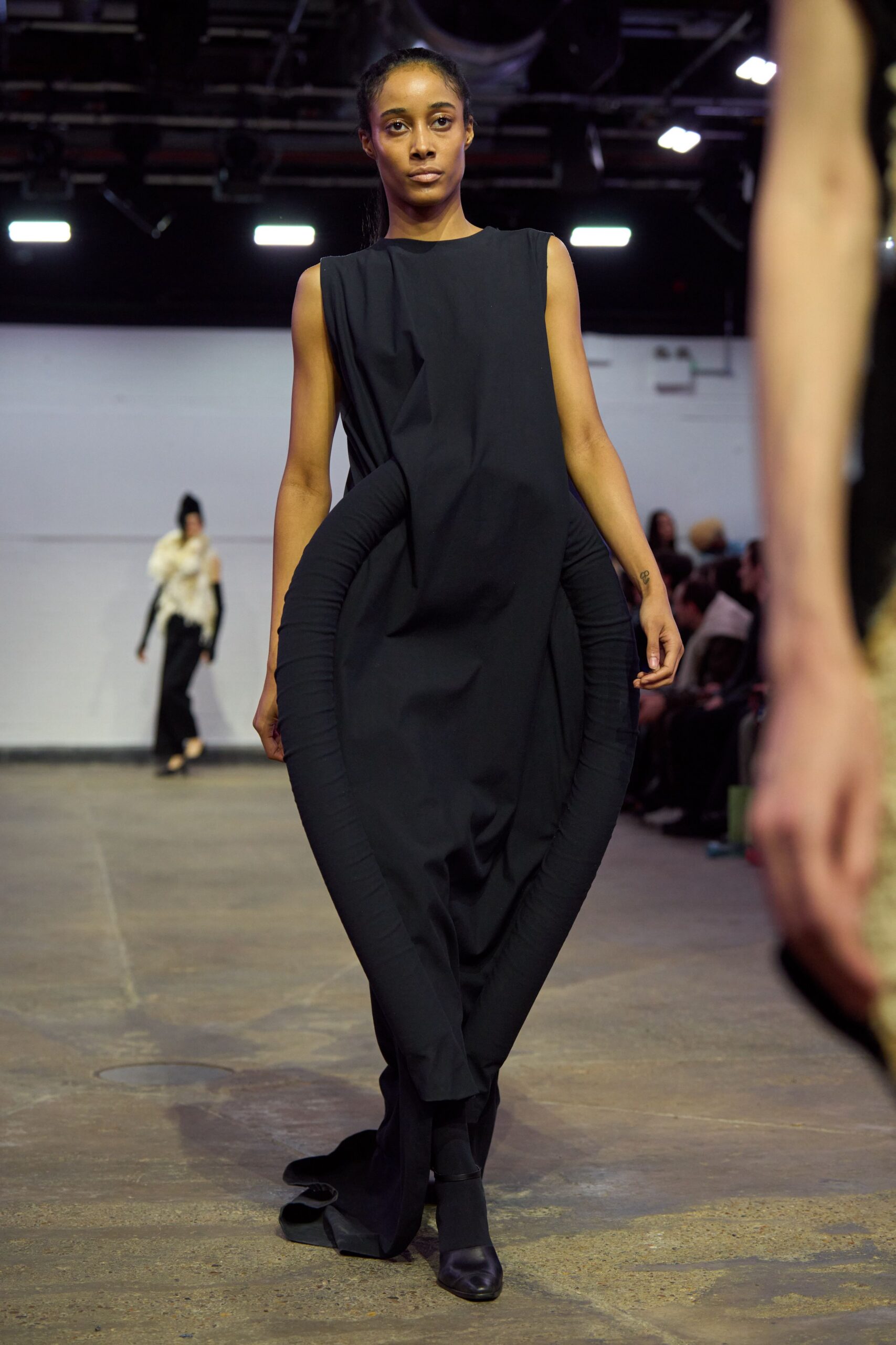 black cotton sleeveless high-neck relaxed draped midi dress