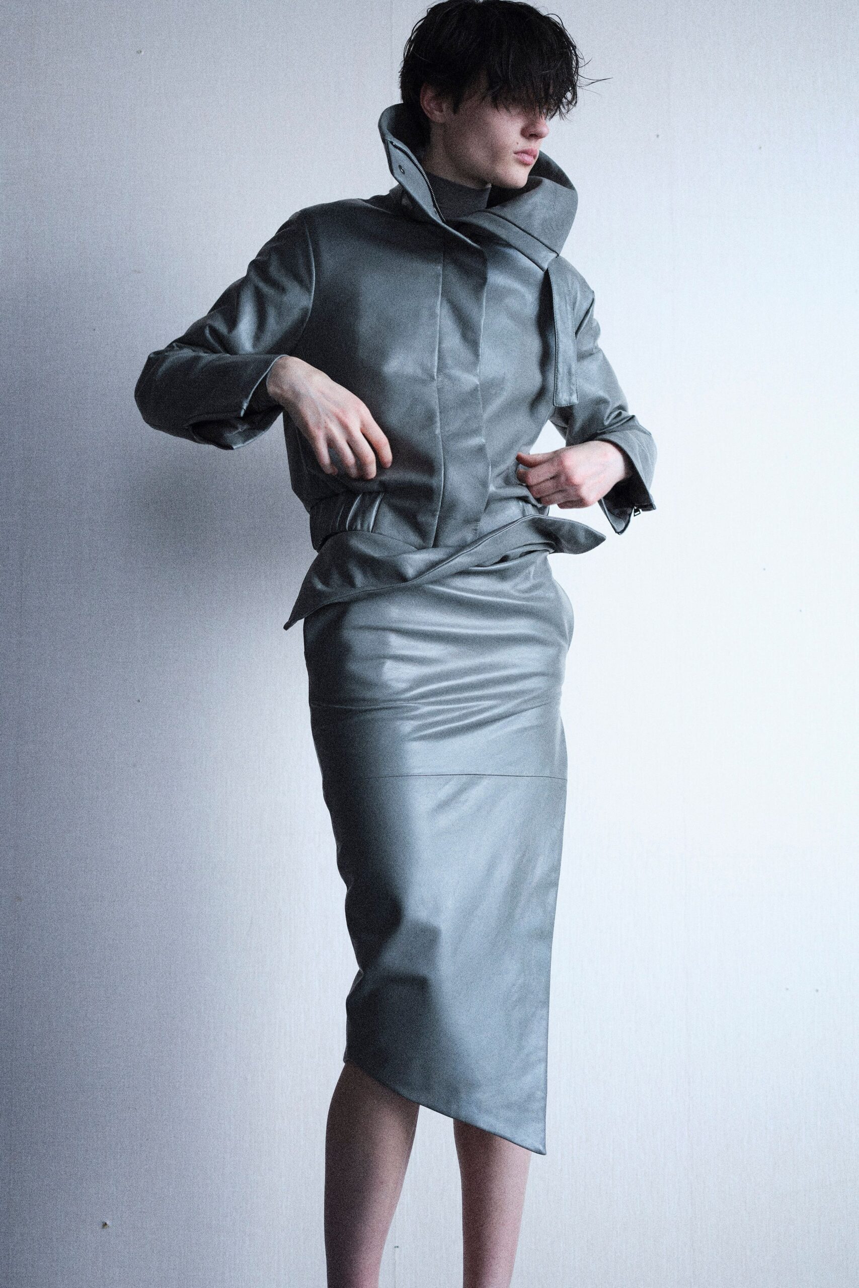 gray leather asymmetric fitted high-waisted pencil skirt