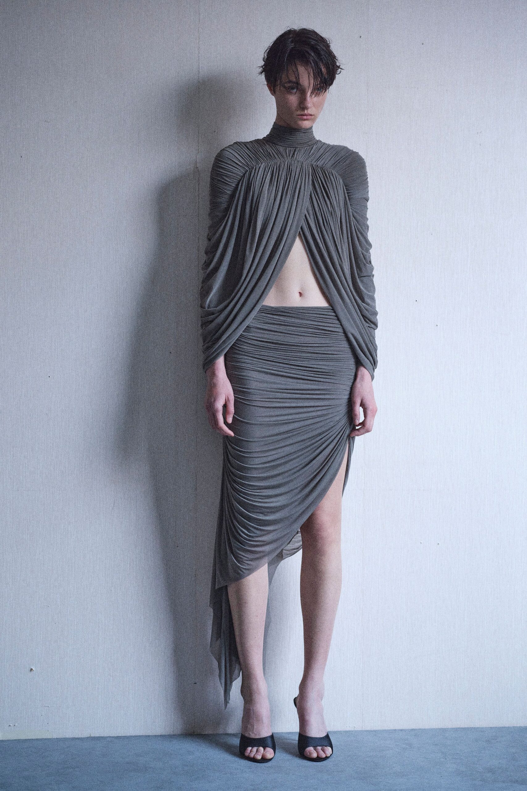 gray silk long-sleeve high-neck fitted draped ruched dress