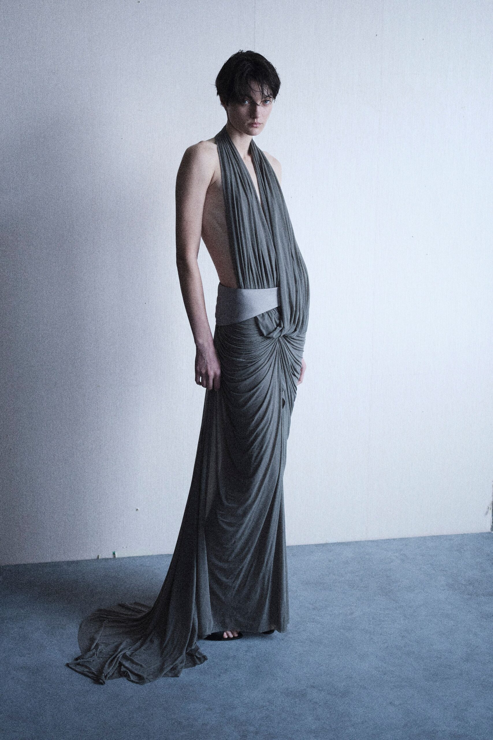gray silk halter gown