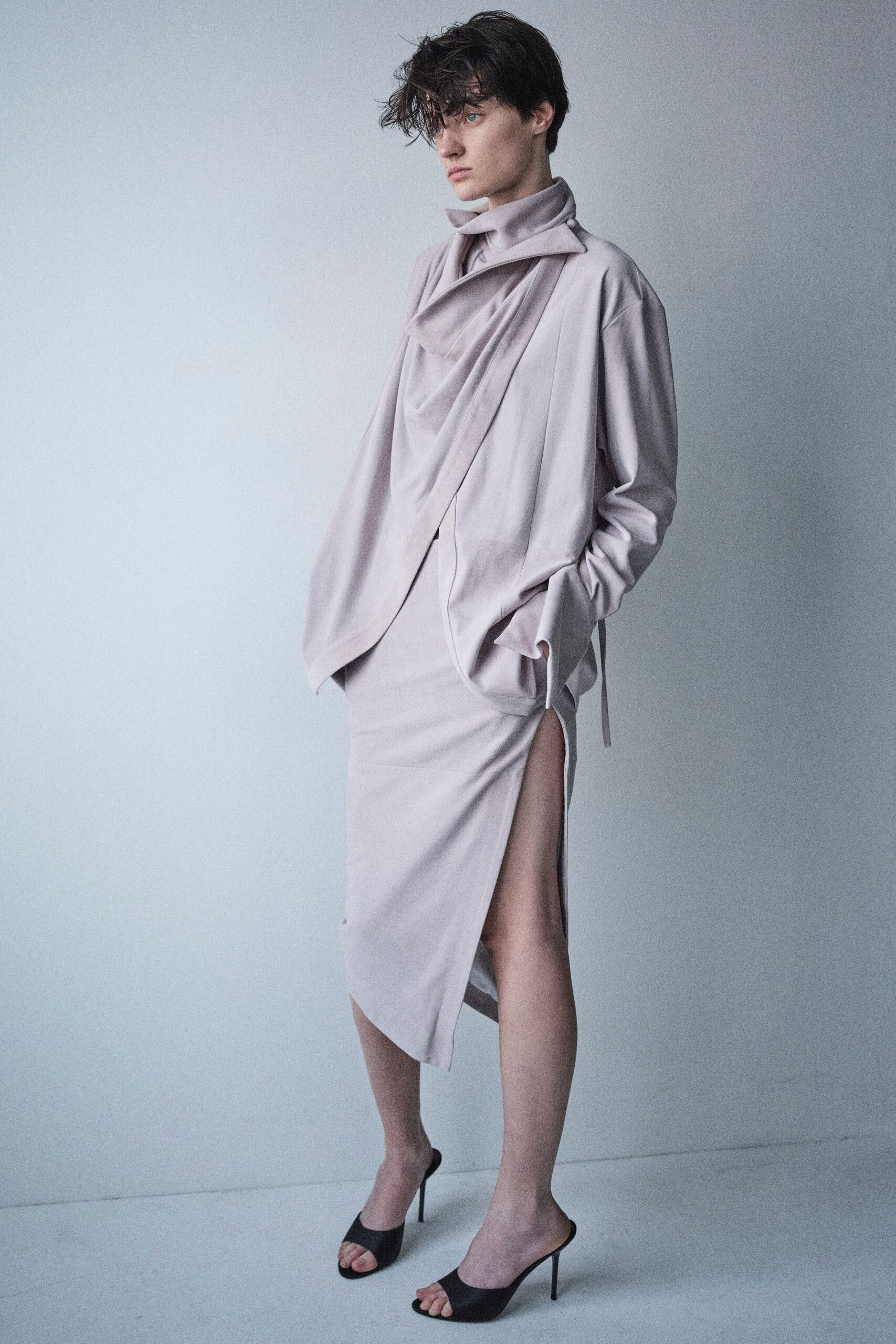 pink cotton long-sleeve v-neck fitted draped midi dress