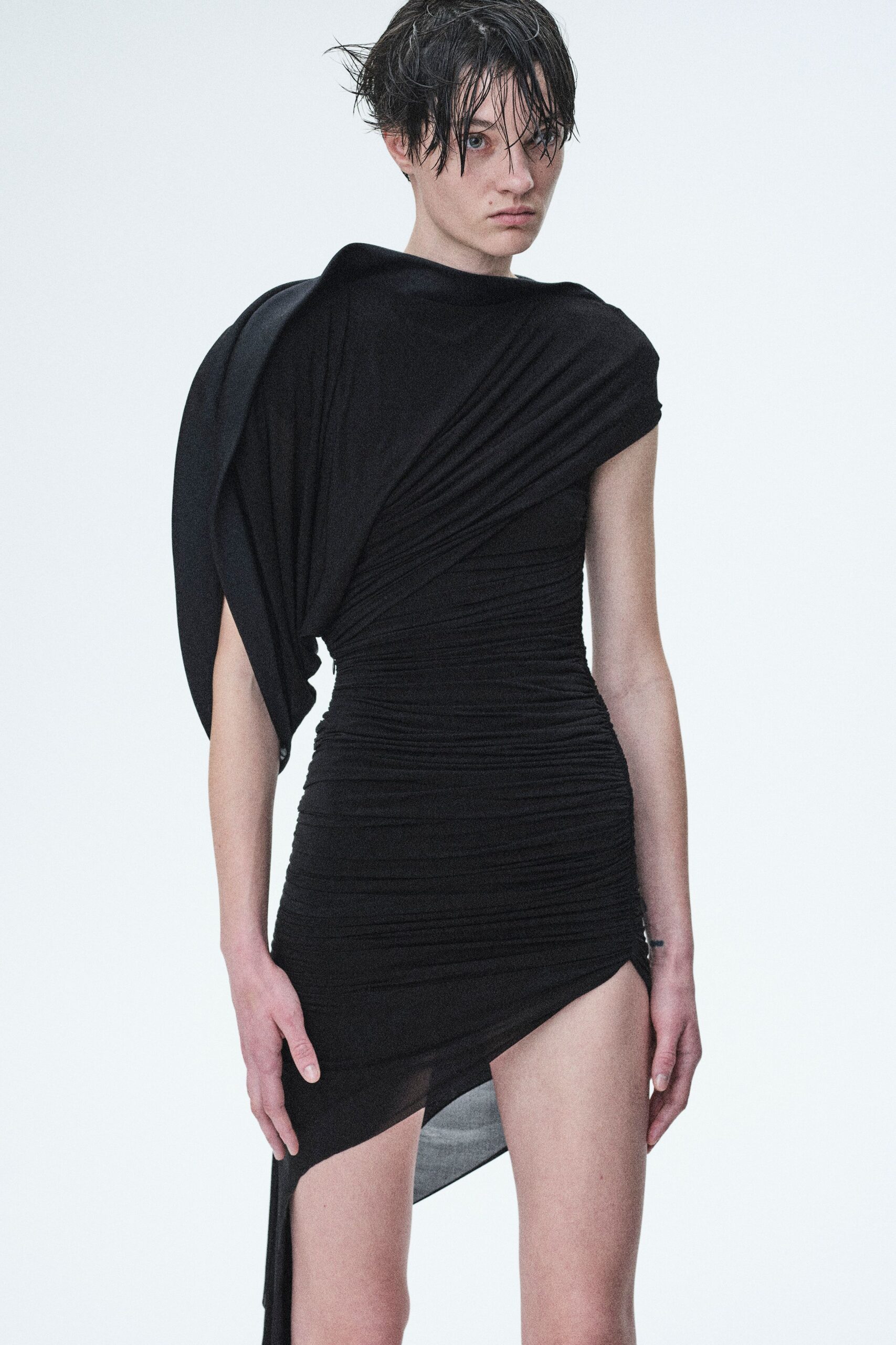 black fitted asymmetric dress