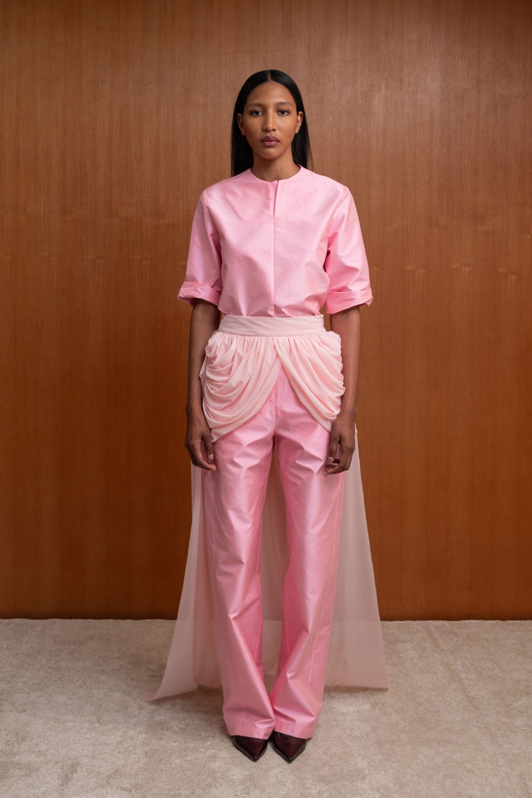 pink silk short-sleeve collared fitted zippered top