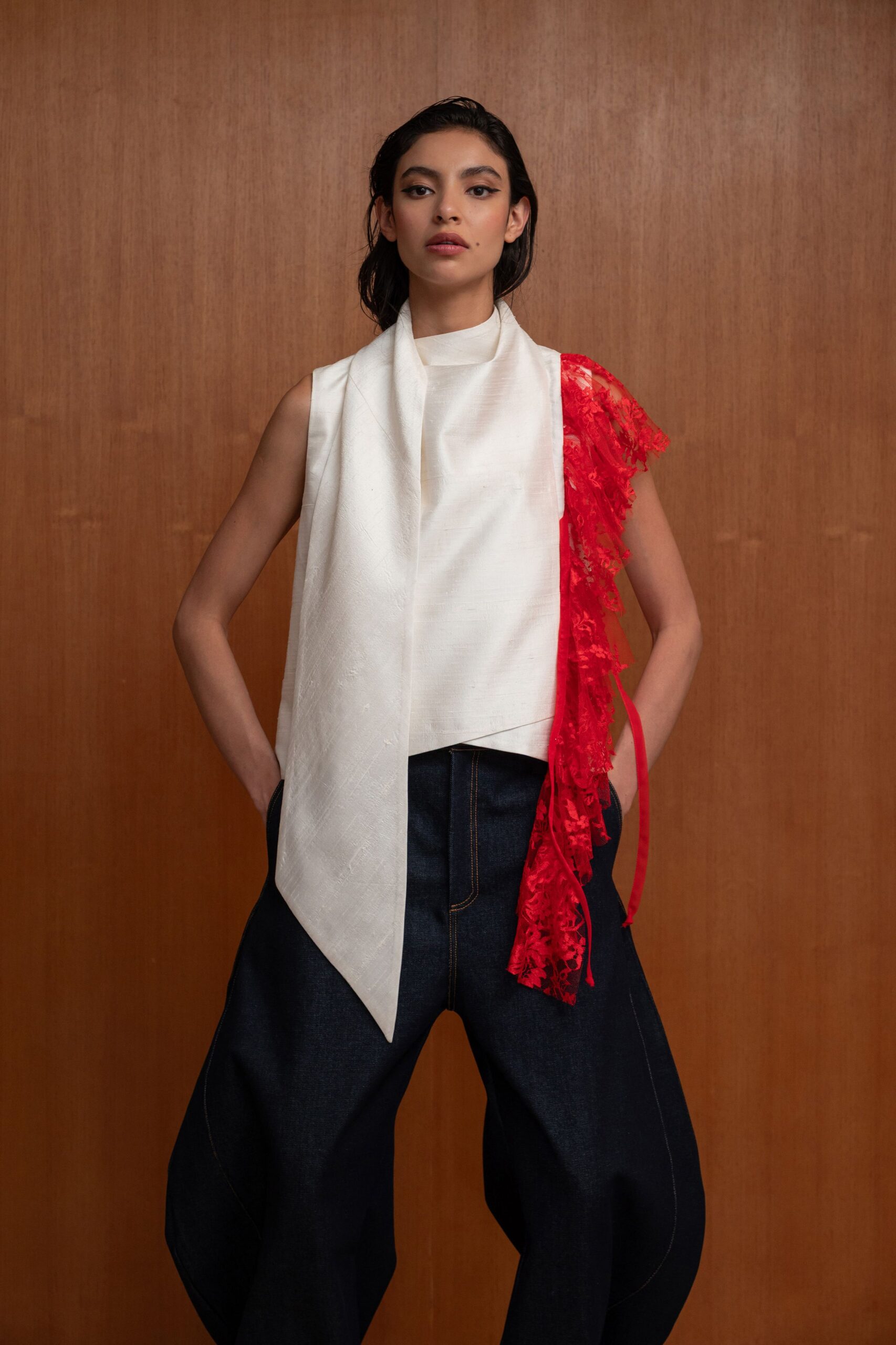 white silk sleeveless relaxed layered ruffled top