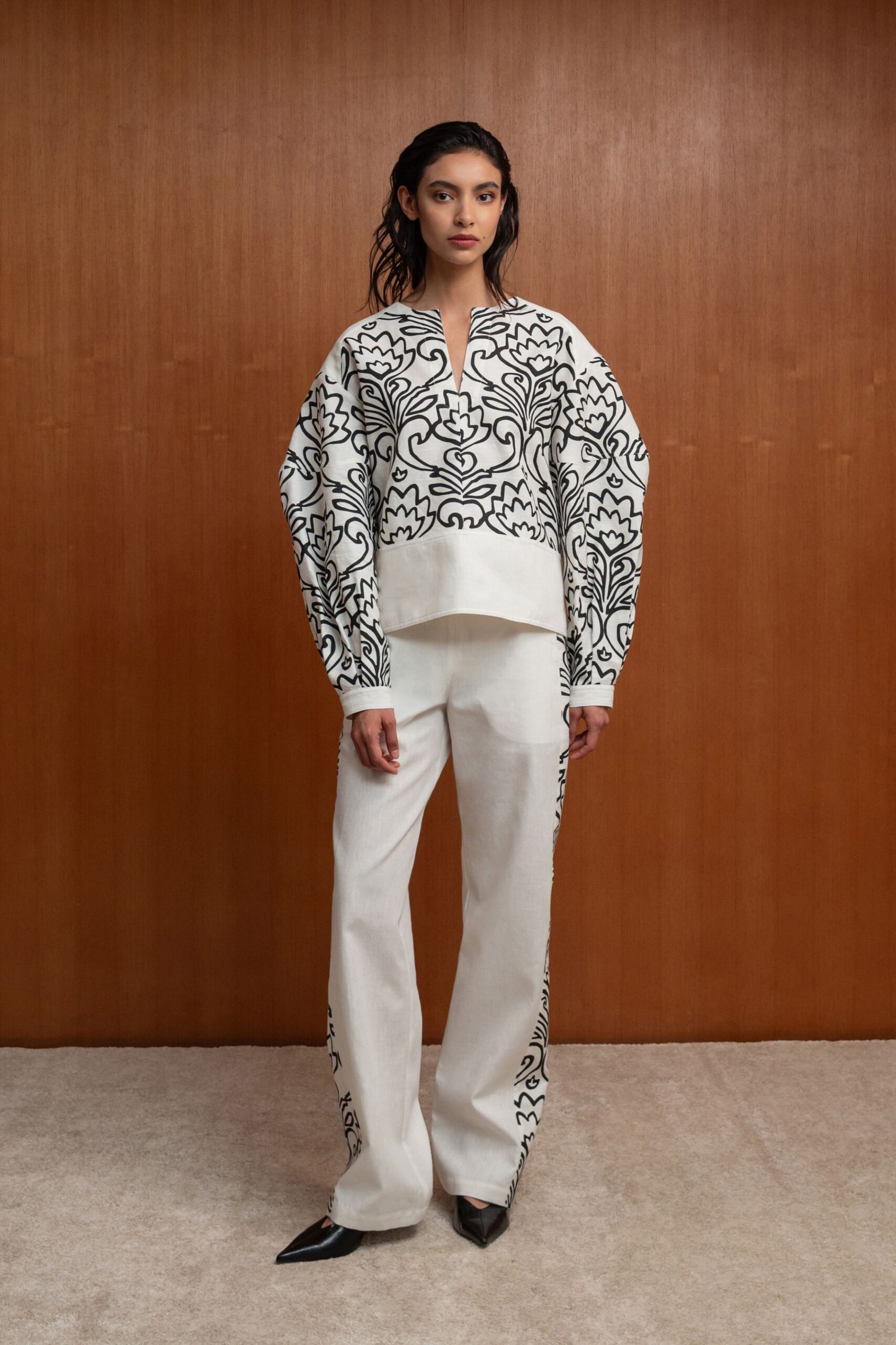 white cotton long-sleeve collared relaxed embroidered top