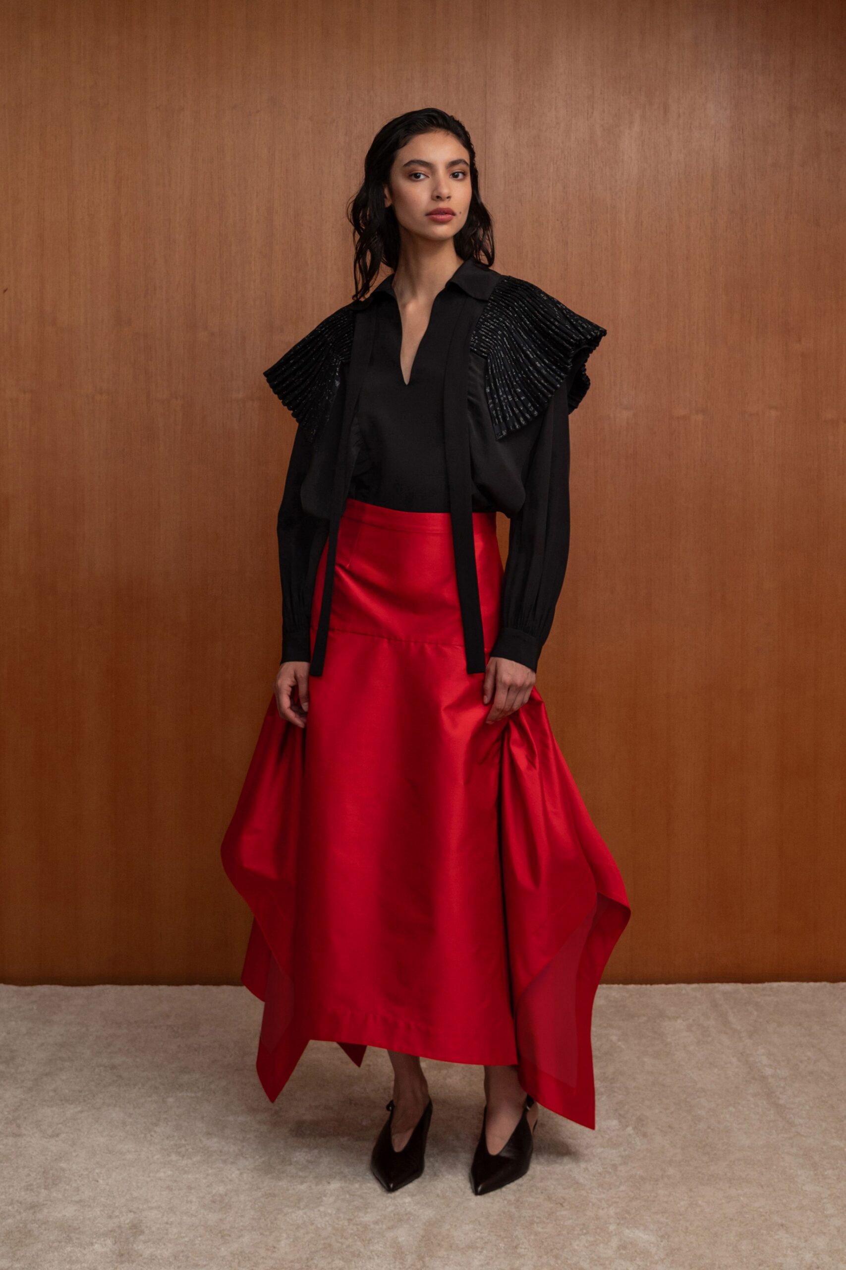 red satin asymmetric fitted layered midi skirt
