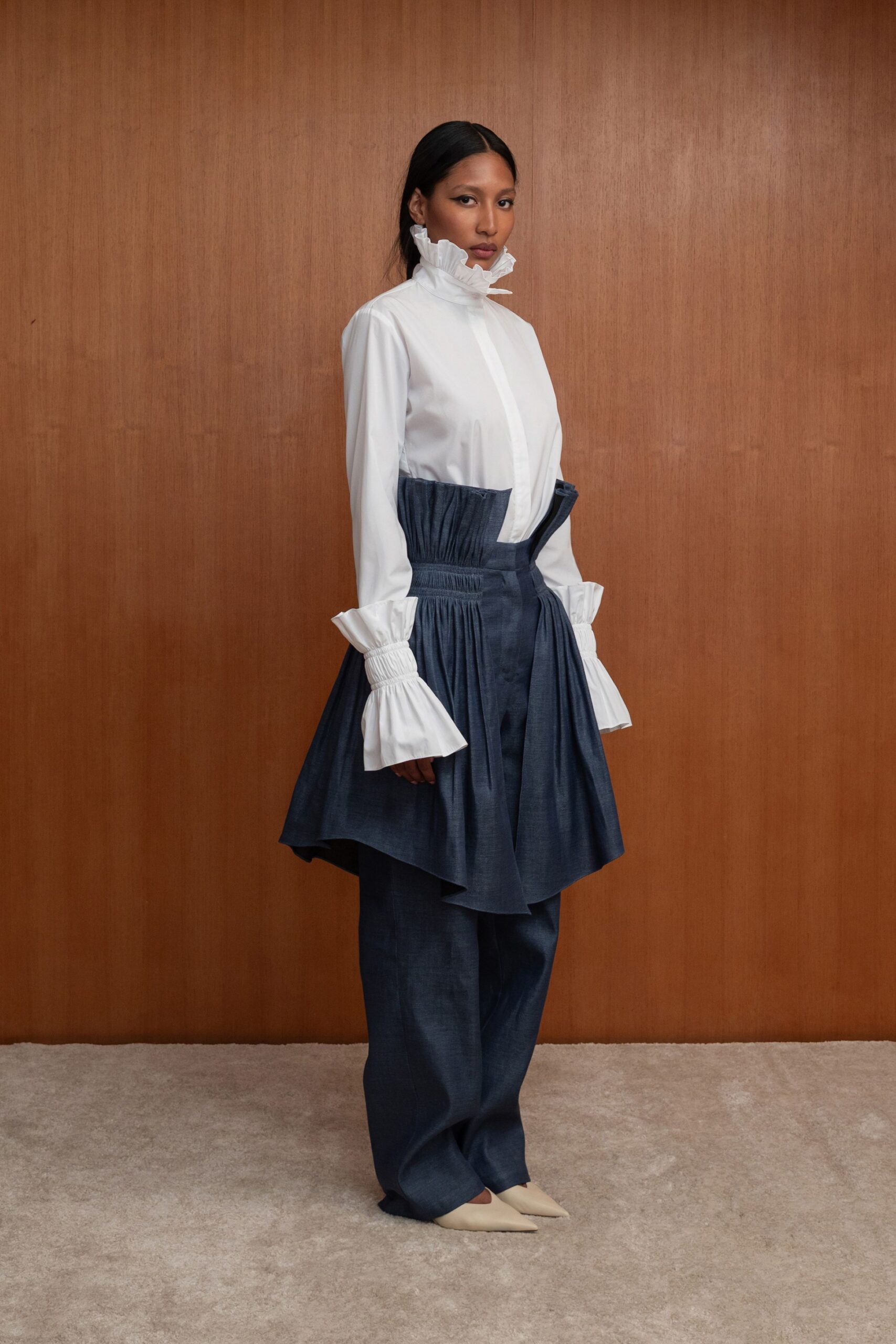 white cotton long-sleeve collared fitted ruffled shirt