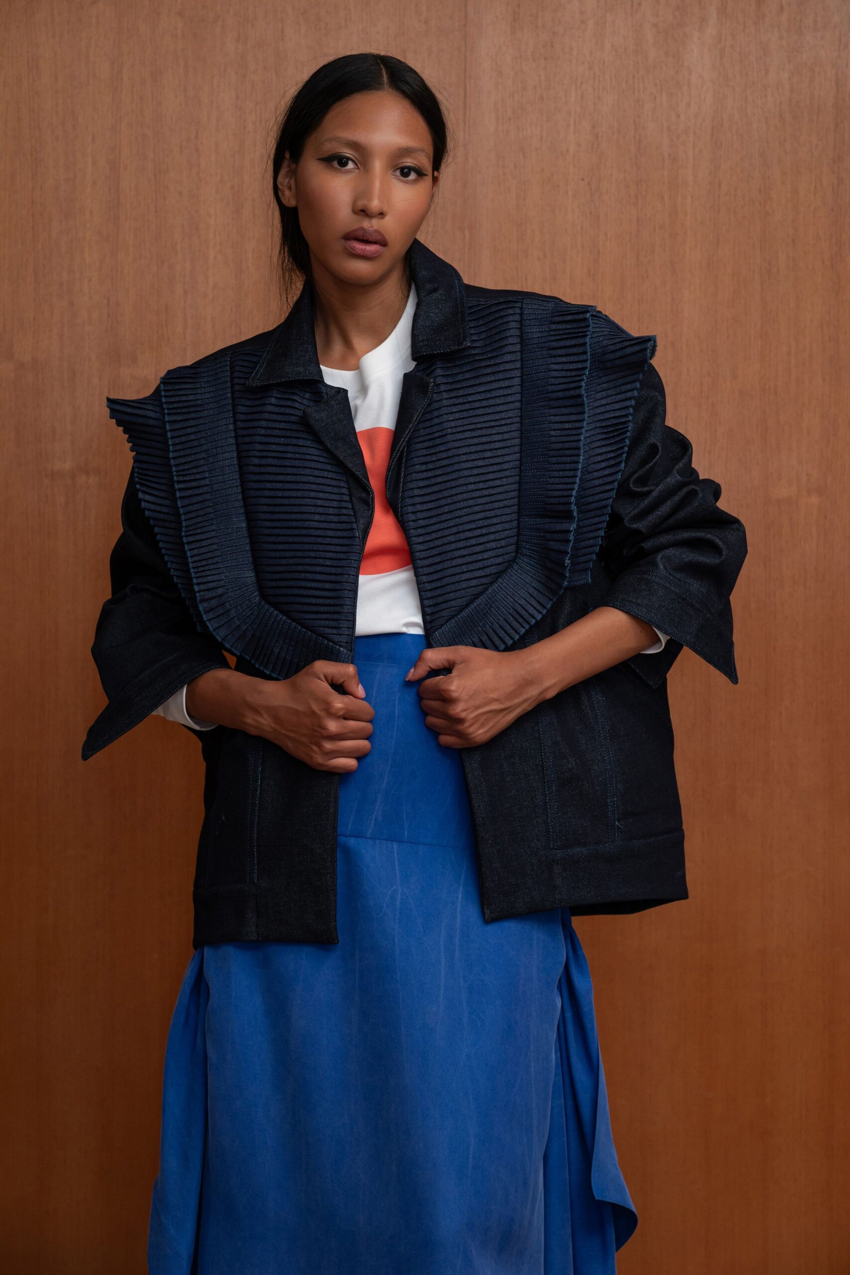 black denim long-sleeve collared relaxed pleated jacket