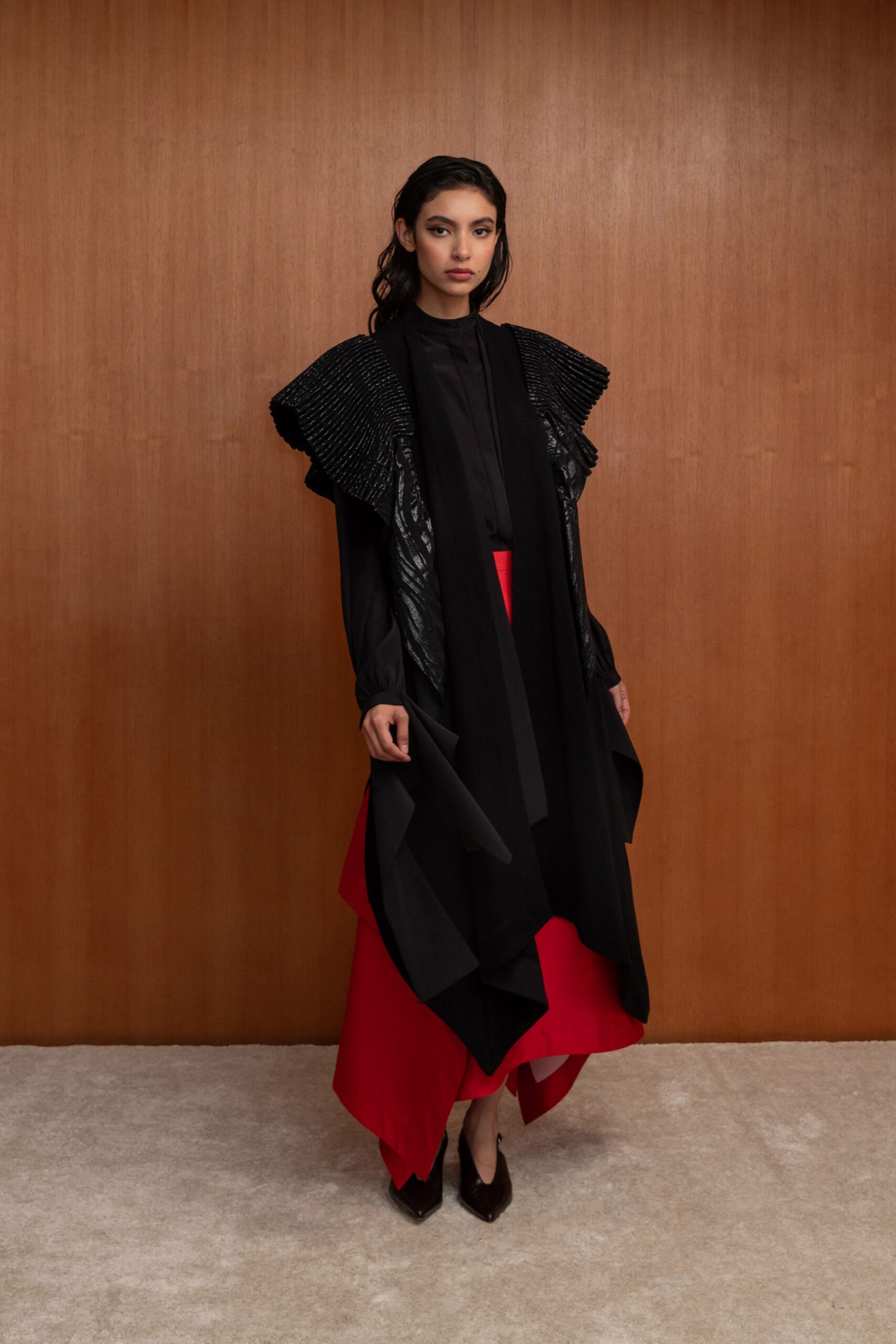 red wool asymmetric relaxed midi skirt