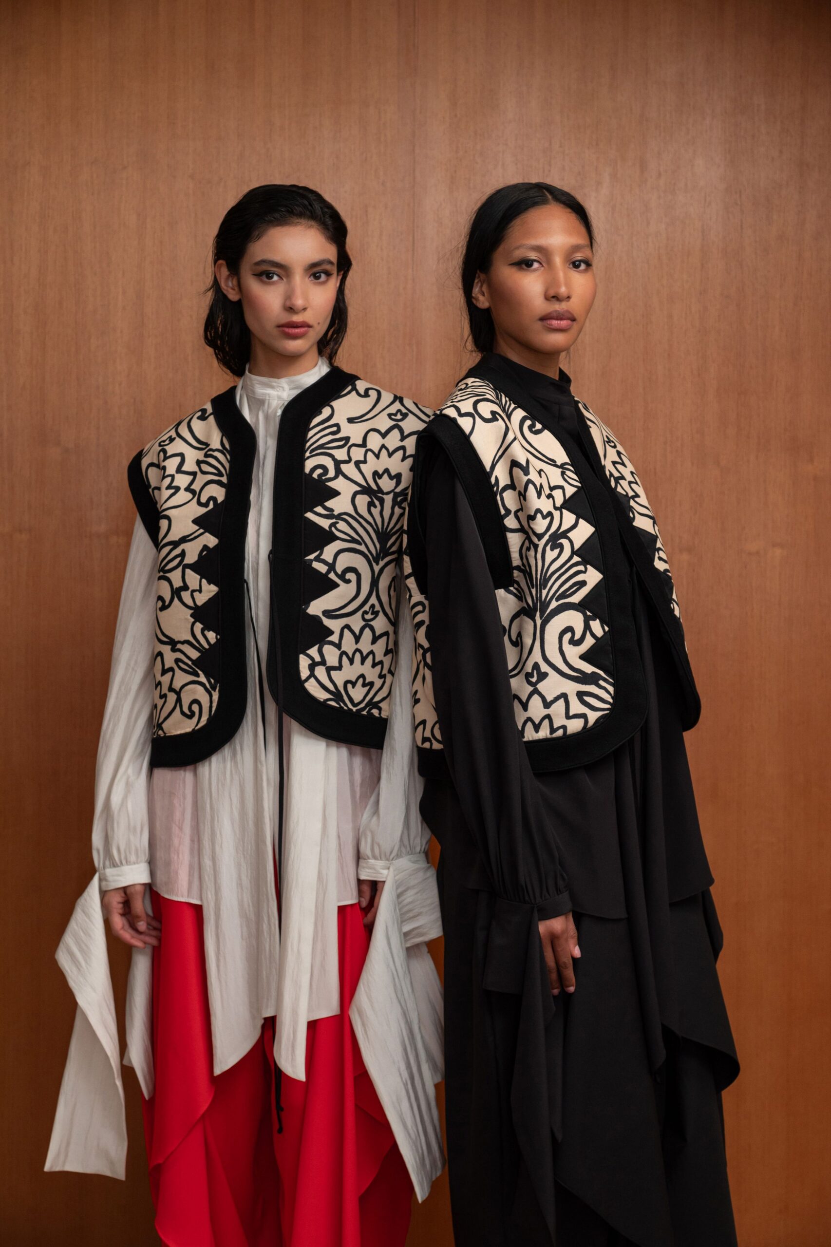 black cotton long-sleeve fitted layered dress
