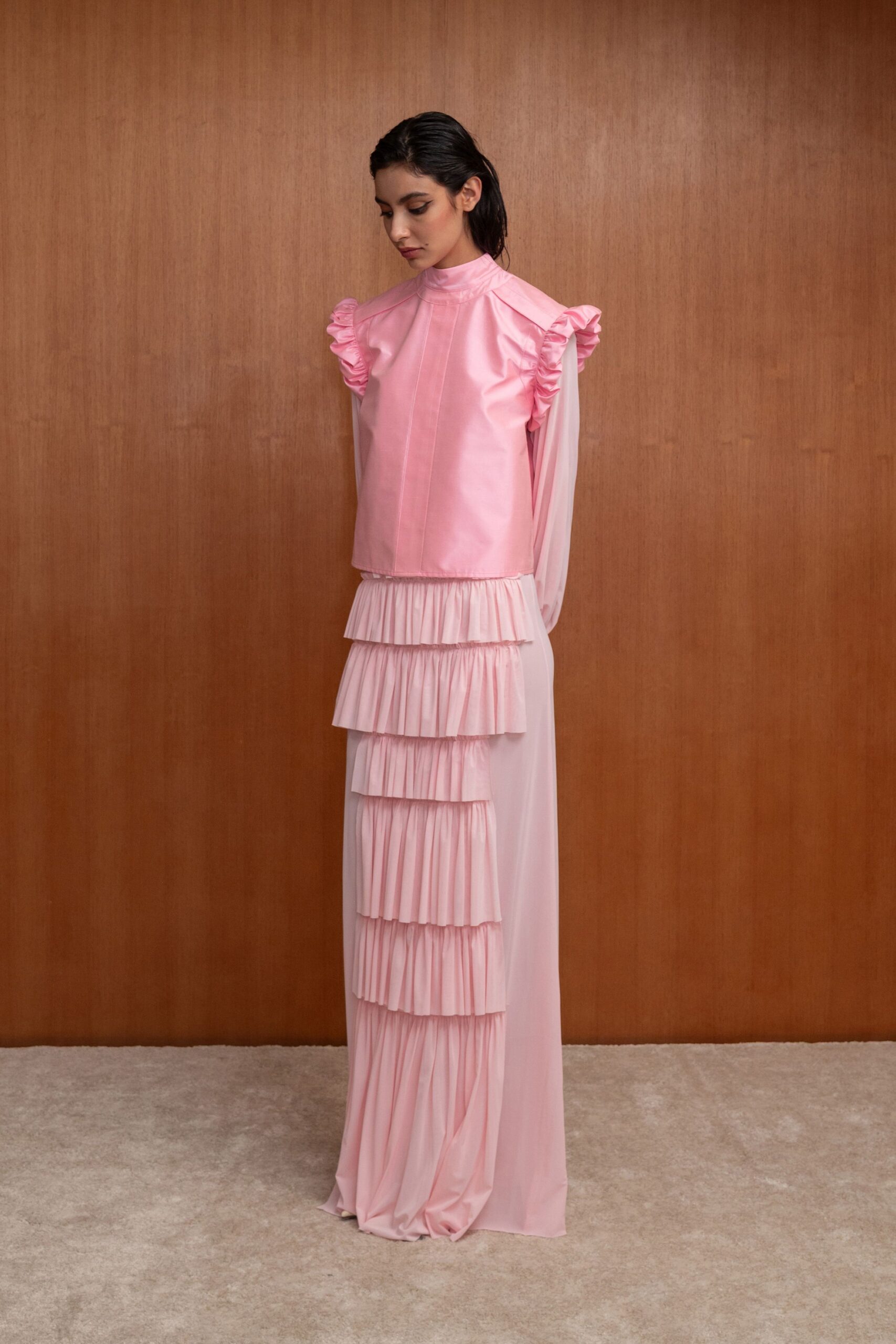 pink silk sleeveless fitted ruffled top