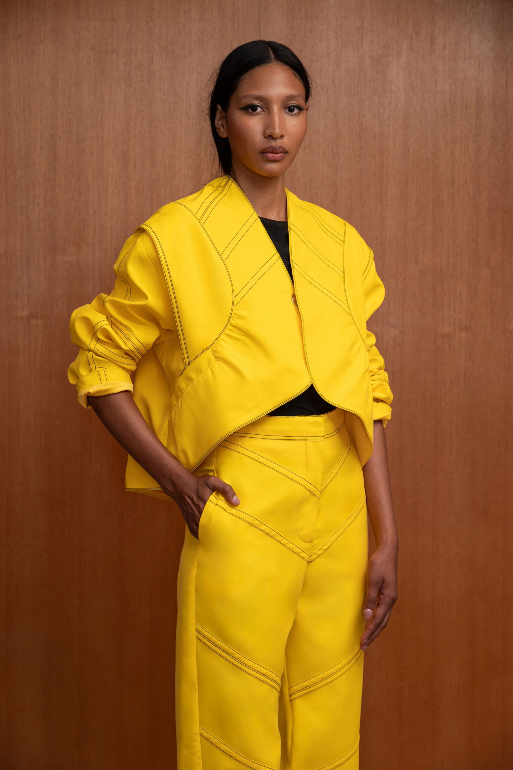 yellow leather long-sleeve collared fitted zippered jacket
