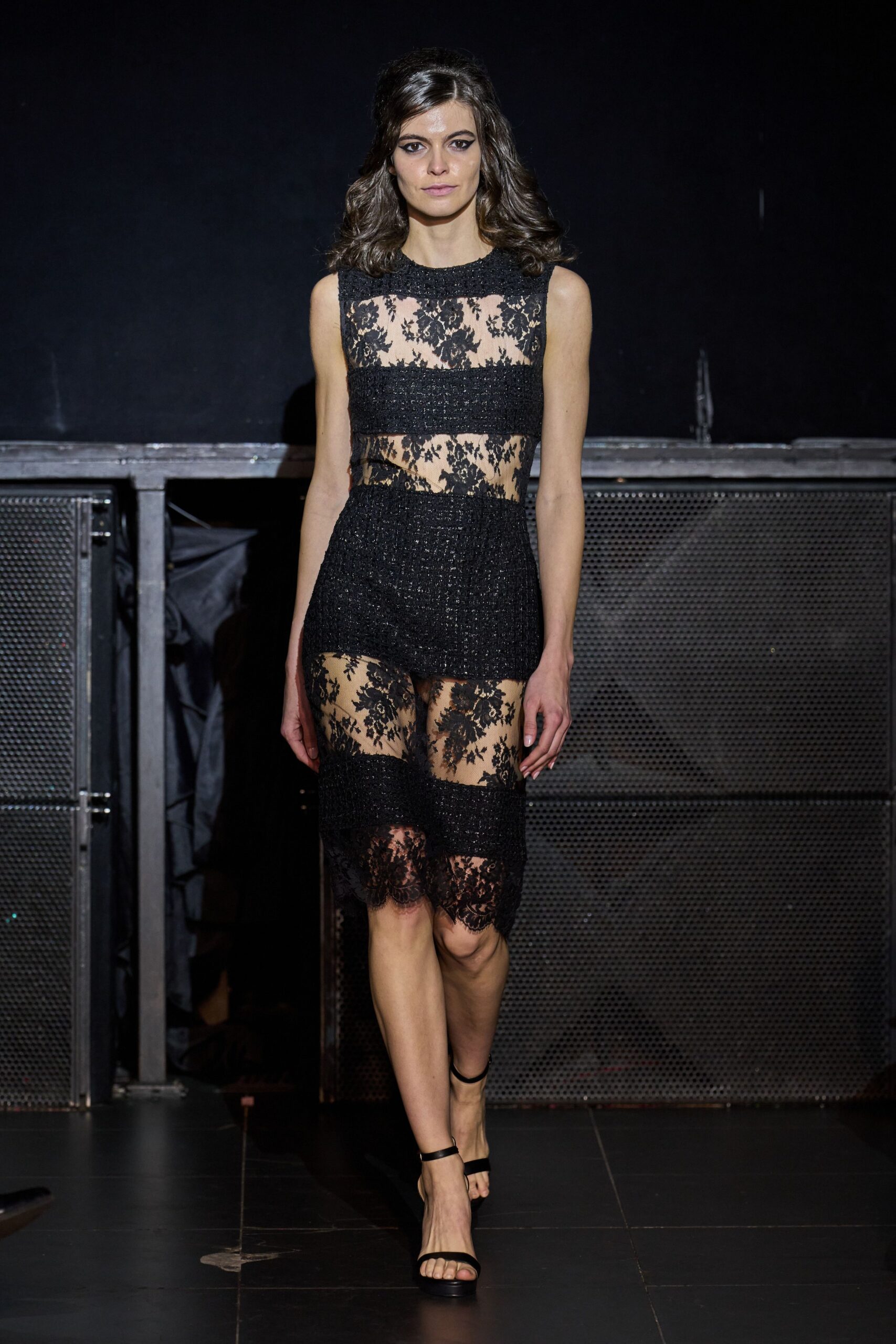 black lace sleeveless high-neck fitted embroidered sheer dress