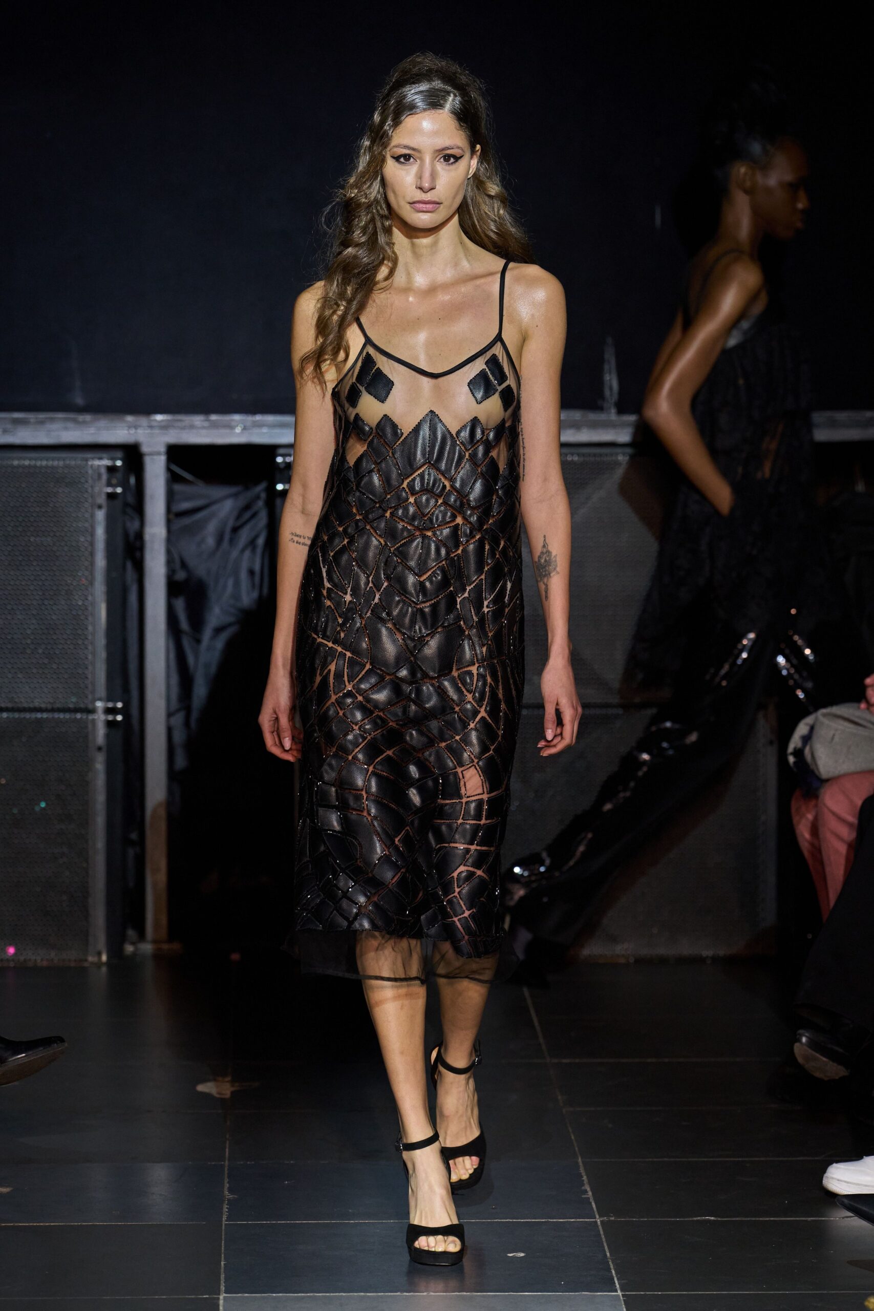 black mesh midi dress with heels