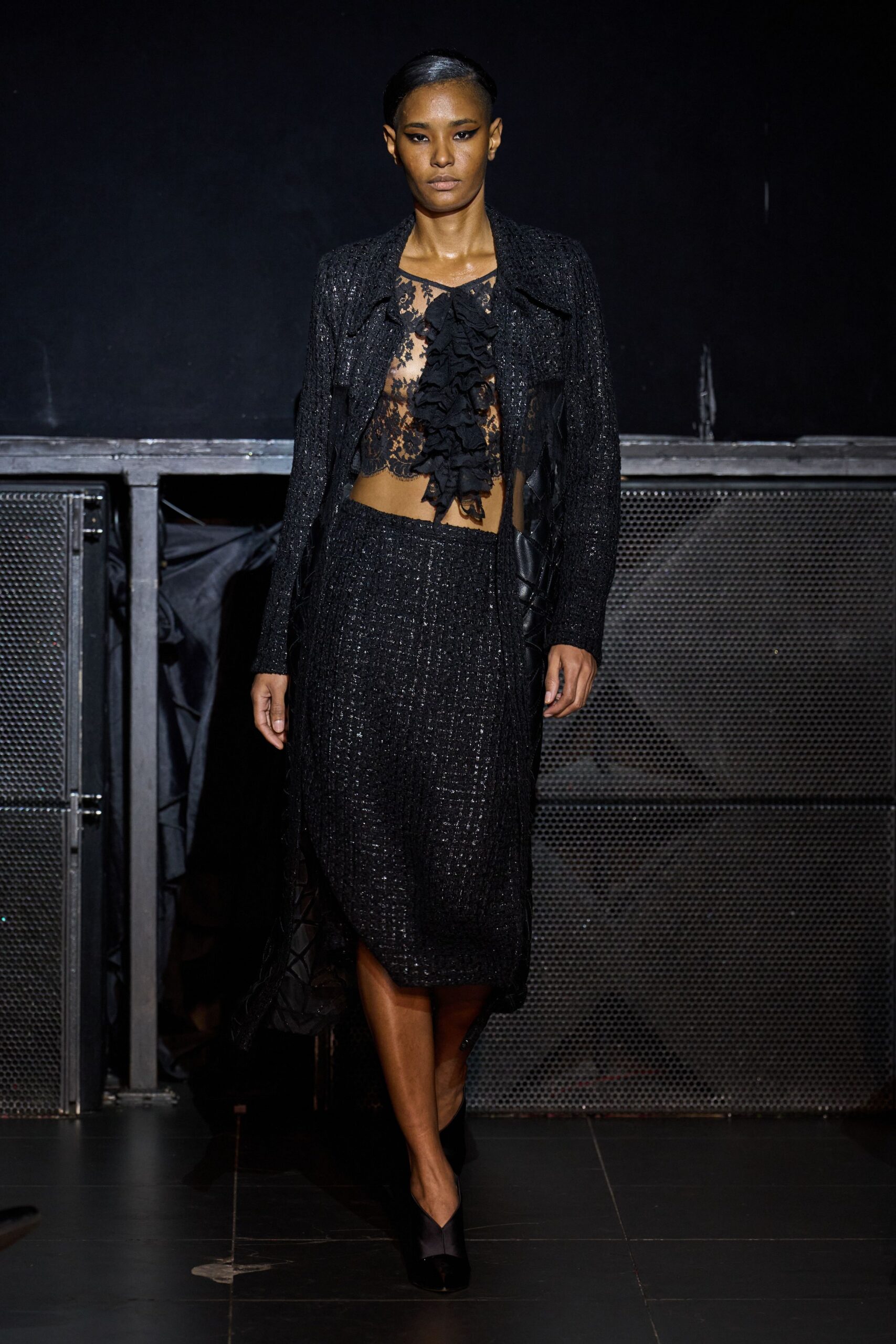black silk long-sleeve structured buttoned coat