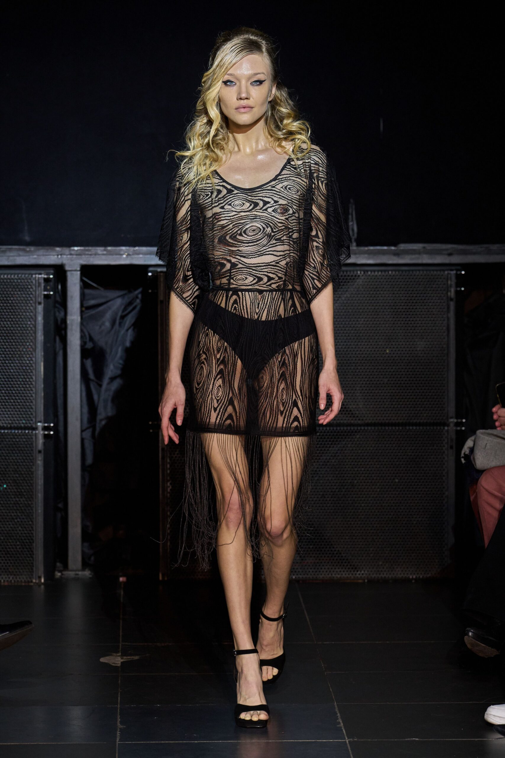 black mesh sleeveless v-neck fitted fringed sheer dress