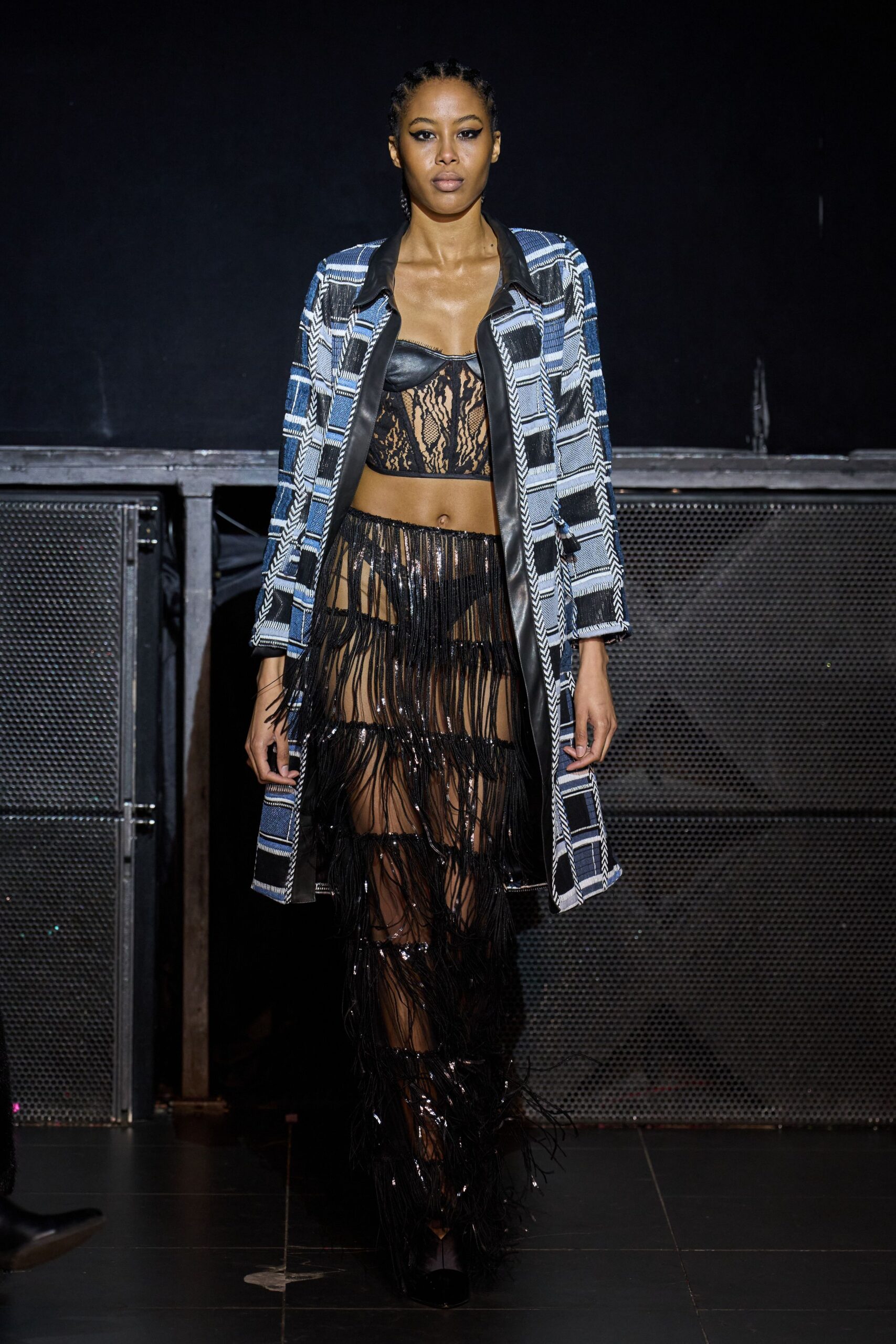 blue checked coat with black lace top