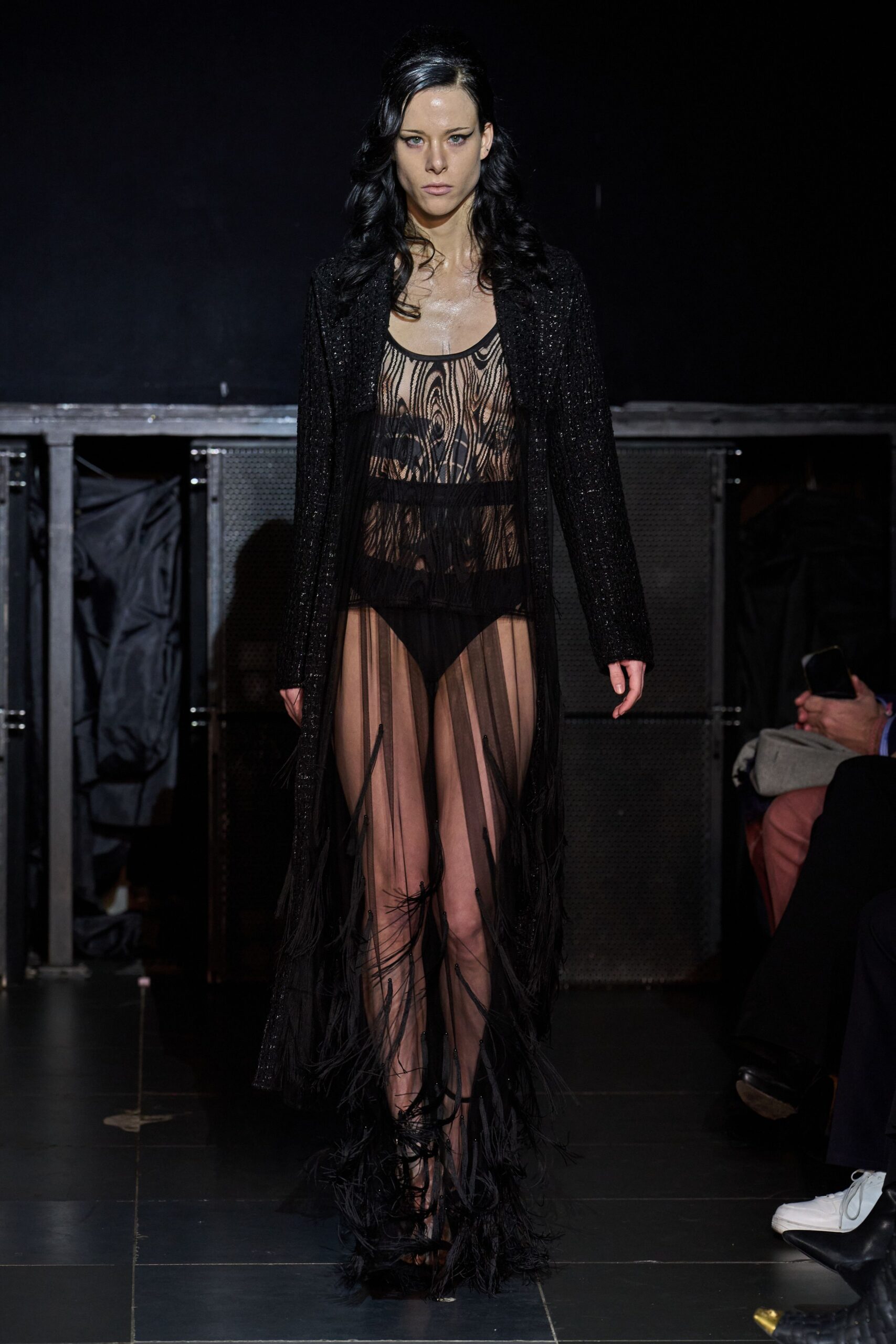 black silk sleeveless v-neck fitted fringed dress